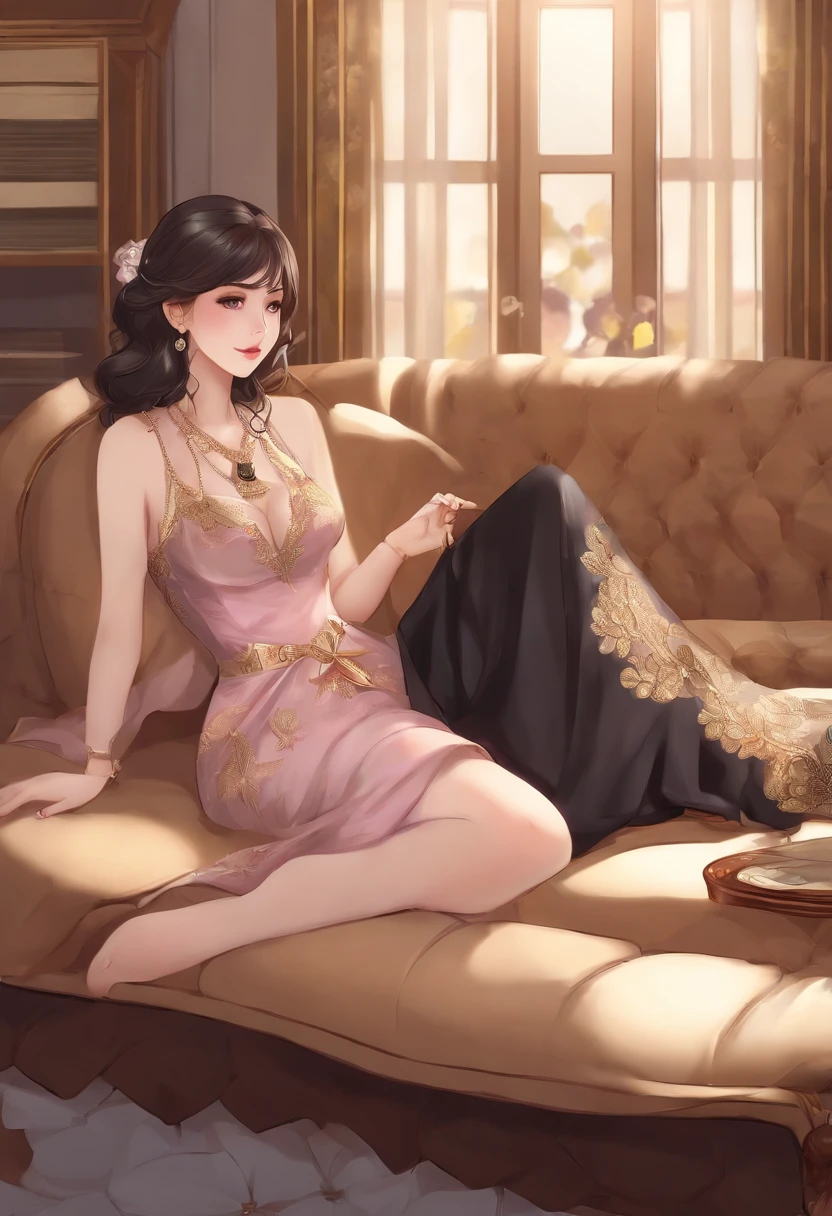 Woman sitting on a sofa , con senos grandes, con unos pechos grandes, Loli en vestido, pechos grandes!, 8k comic art, pechos grandes!!, [ Arte digital 4K ]!!, Arte de la giganta, small curvy loli, seductora chica de anime, Hermosa y seductora mujer de anime