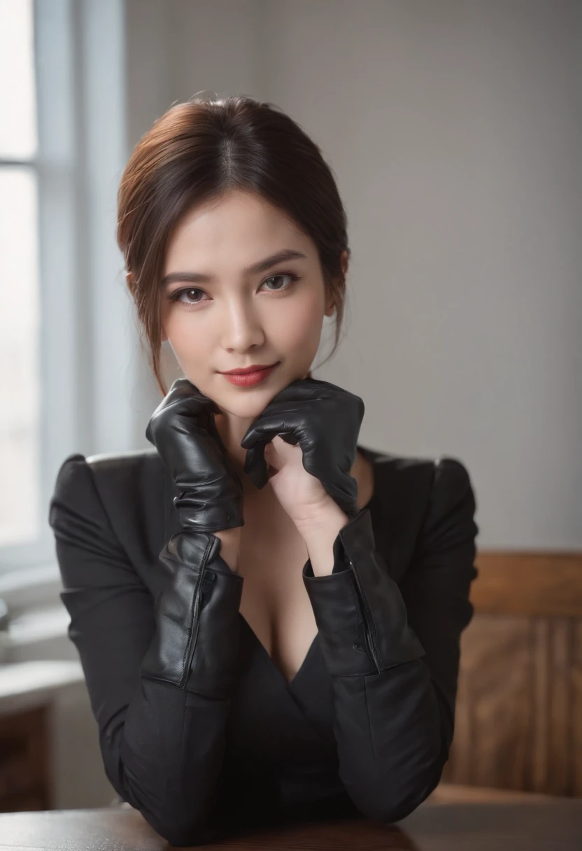 Wear black leather gloves on both hands, Upper body, In black suit, Facing the table in my room，Computer in the dark, Head down and smile, Write a letter with a pen, The brunette was tied back for a long time, She is also a young and cute new Japanese female employee (Black leather gloves cover hands)