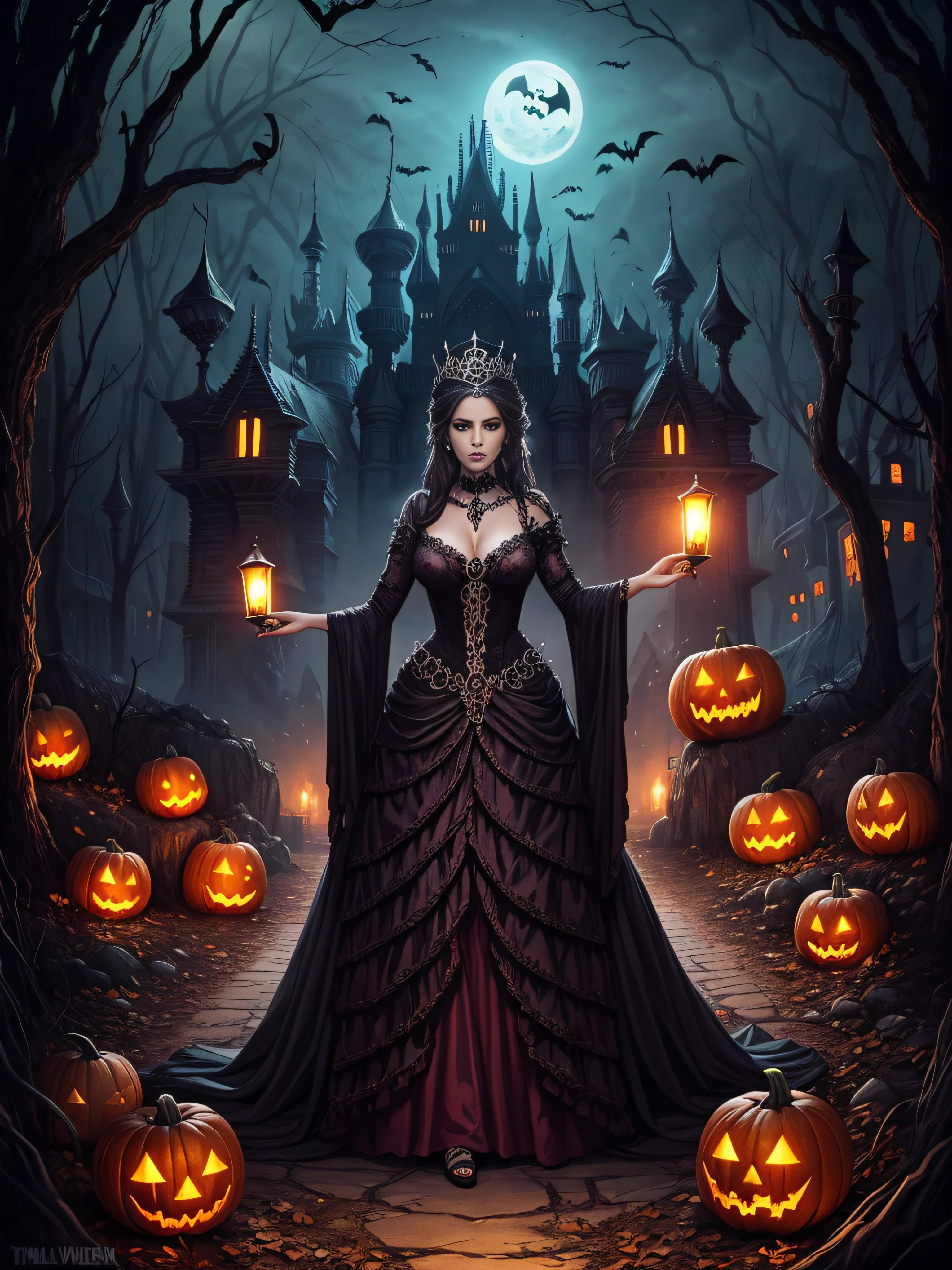 Landscape full body queen of the dead, Halloween palace in the valley, theme Halloween spectacular intricate detailed, surreal
