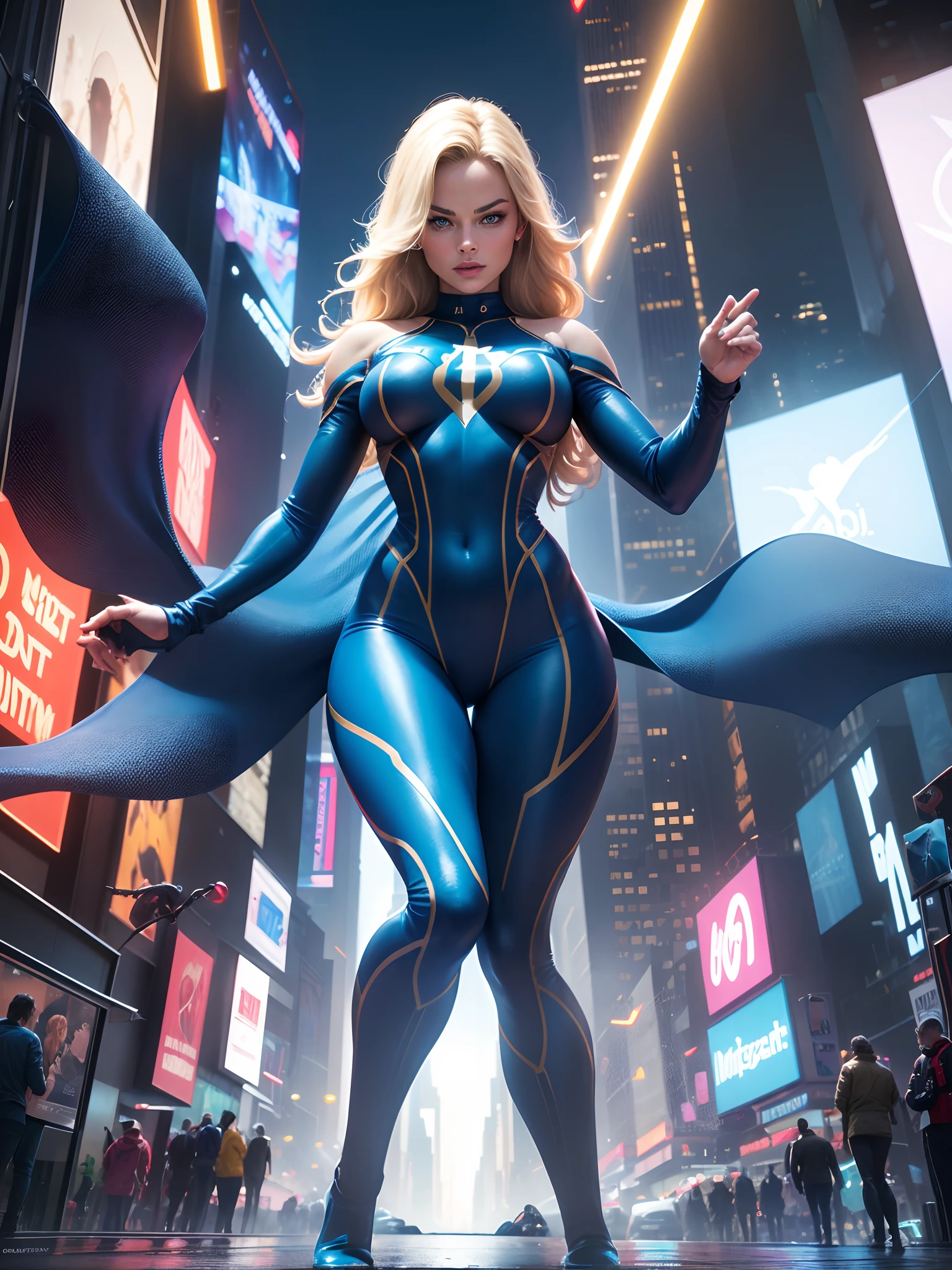 (New York: 1.3), (time square: 1.2), Margot Robbie in Fantastic Four costume, Fantastic Four costume, tight dark blue jumpsuit, full body, ((best quality)), ((Selected: 1.4)) resolution super, Cinematic lighting, (New York: 1.3), ultra realistic, . ..RAW, (photorealism: 1.5), (Realisitc: 1.4), (Absurdity: 1.4), 8k, ultra-detailed, detailed, (One: 1.4), (viewer: 1.3), HD4