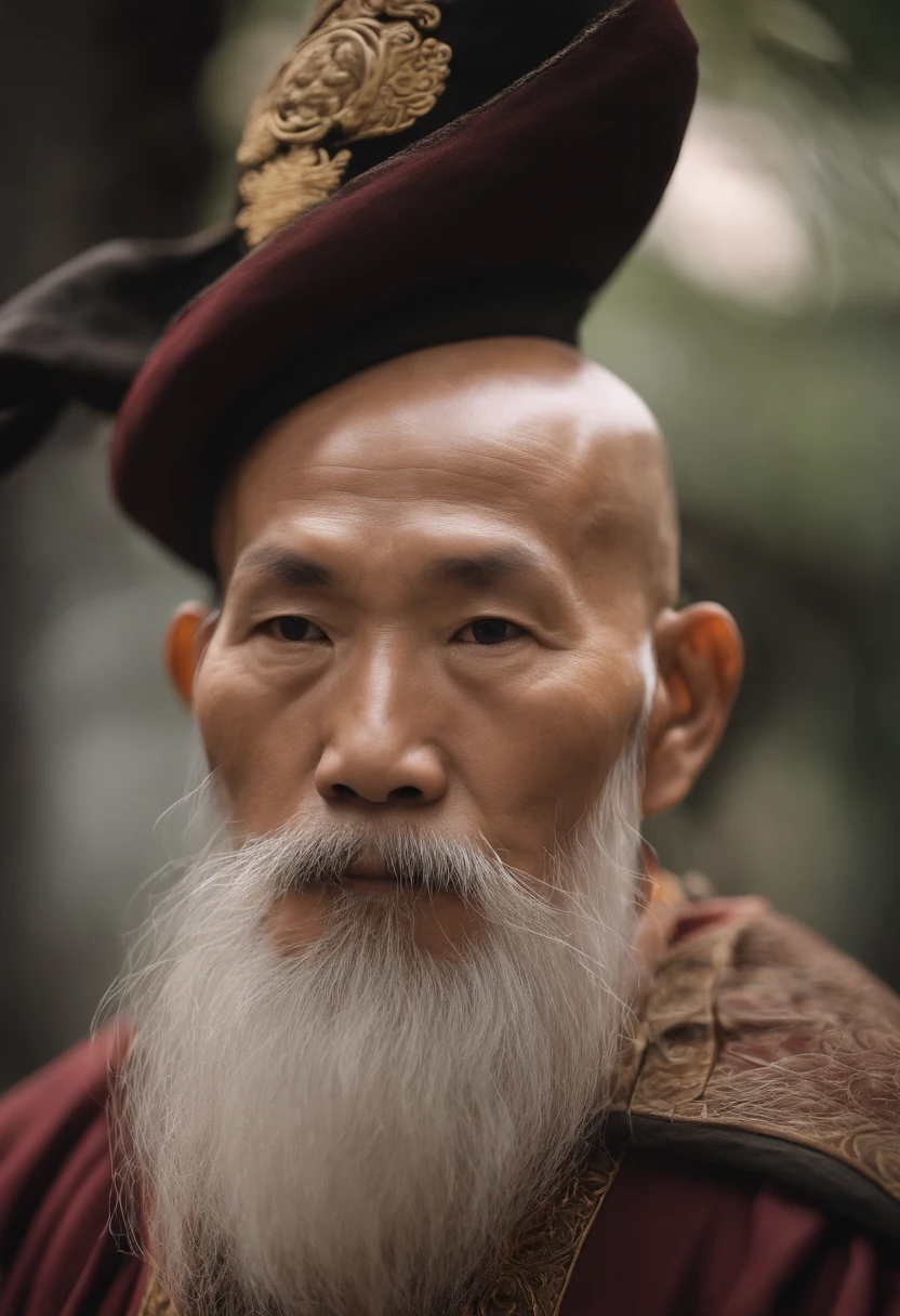 A close-up of an old monk with a long beard and a white beard, Taoist, bald-headed，Monk costume，inspired by Wu Daozi, portrait of monk, Taoist master, portrait photo of an old man, Inspired by Hu Zaobin, inspired by Hu Zao, Long white beard, inspired by Li Cheng, 7 0 mm portrait, 60mm portrait