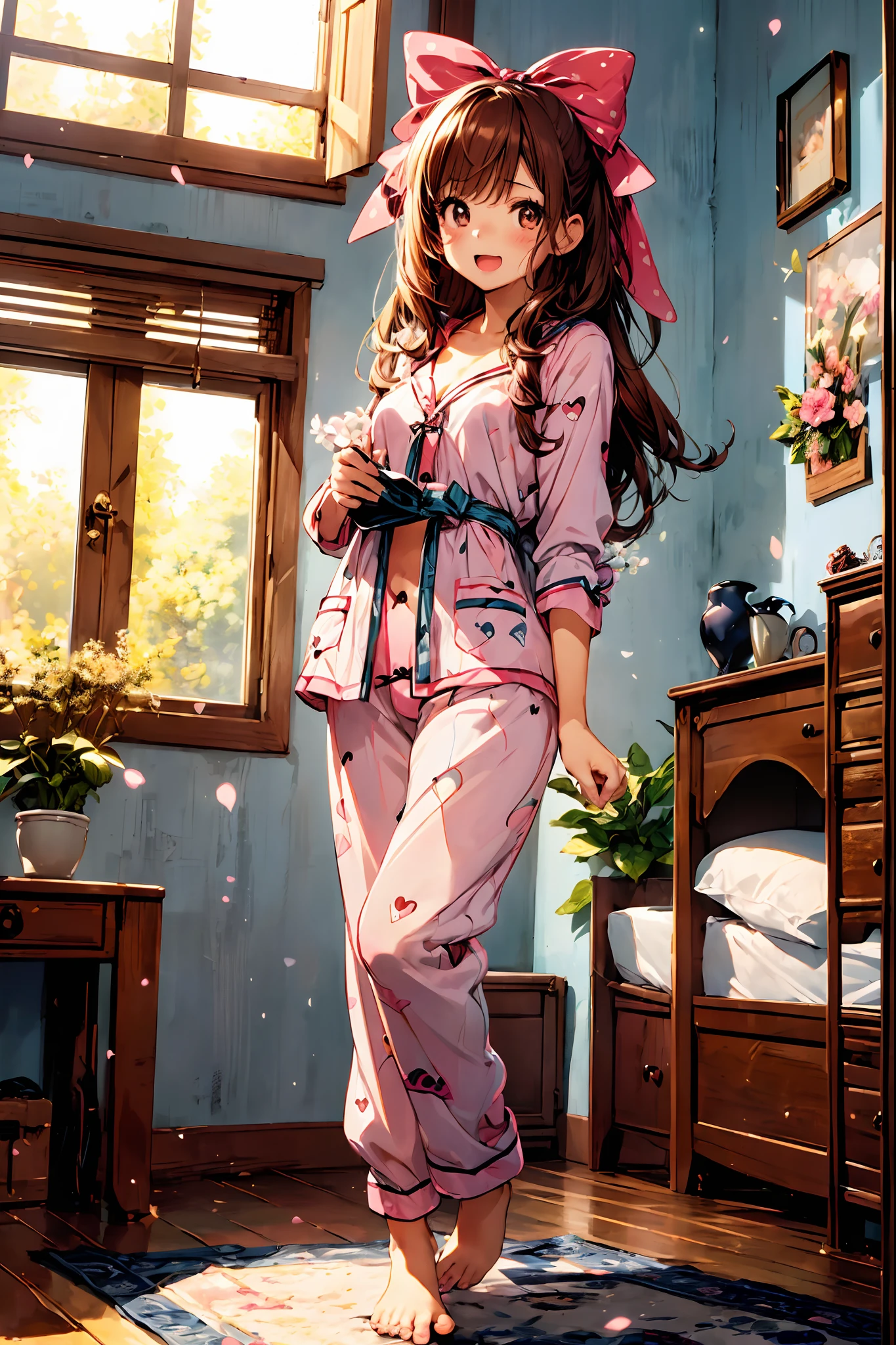 (Cute:1.5),(Chibi:0.5),(kawaii:2.0),(Lori:2.0),(7 year old girl),(Solo:1.65),BREAK, (flat chest:1.2,), Clear skin, Beautiful skin, Shy, One Beautiful Girl,Colossal tits(Hair Bow, reddish brown hair, Twin-tailed:1.2), (Brown eyes, long eyelashes, Double eyelids: 1.2), Shiny skin, BREAK, (Alice in Wonderland:1.4), Voluminous panniers below ( bare-legged, Standing, Open_Mouth:1.33), (Orange pajamas, Polka dot pajamas, nightcap:1.2),BREAK, (inside in room,night:1.5),(girl's own room,pink wall paper,a bed,The table,Rooms on the upper floors,A window with a beautiful night view:1.35),Cute,Posing,Look at viewers, Professional Lighting, Physically-based rendering,depth of fields,BREAK, wakame,wakame,wakame,(Highly detailed CG Unity 8k wallpaper), (Best Quality, Very detailed, Colorful, Highest detail), (Best Illustration), (Best Shadow), POV, Realistic lighting and shading, Natural light, Lens flare effect,absurderes, absolutely resolution, unbelievable Ridiculous, hight resolution, ultra-detailliert, Official art, Unity 8k, Kinetic Typography Break, (1girl in, Solo:1.4), Dynamic Poses, sale,(Smile with plenty of room:1.1)