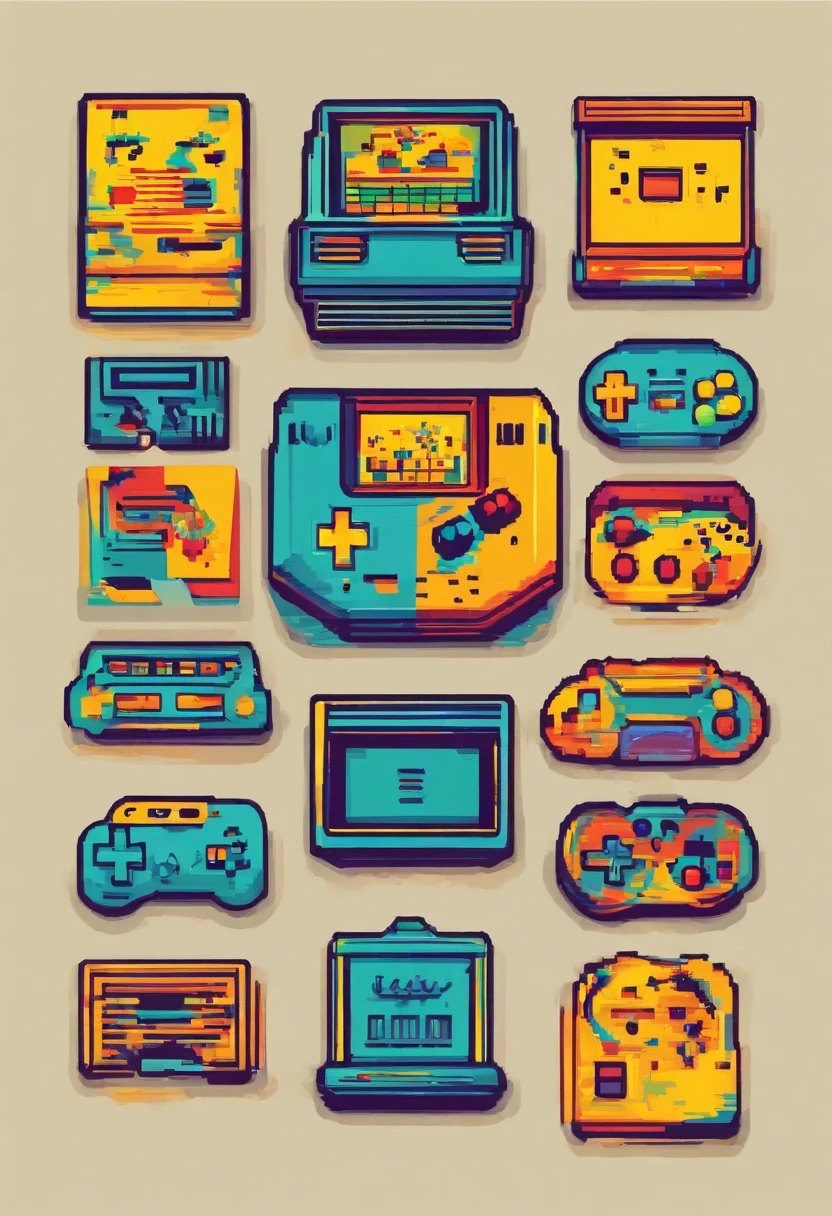 Retro style logo: A logo with retro elements, like an arcade or pixel art This would give a nostalgic feel to classic games in blue and yellow colors with a white background , vetor , 4k