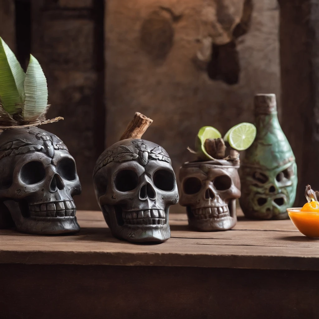 Skull shaped Tiki mug, sitting on rustic wood table, in traditional Mexican adobe brick house with zombie silhouettes in background. Table has cinnamon and agave leaves on it. Product shot, realistic, dramatic lighting. Zombies.