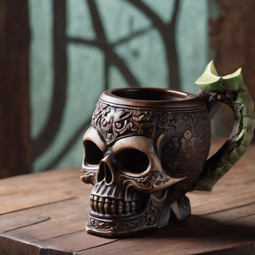 Mug stylized with skulls and weapons