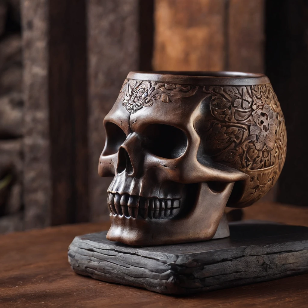 Skull shaped Tiki mug, sitting on rustic wood table, in traditional Mexican adobe brick house with zombie silhouettes in background. Table has cinnamon and agave leaves on it. Product shot, realistic, dramatic lighting. Zombies.