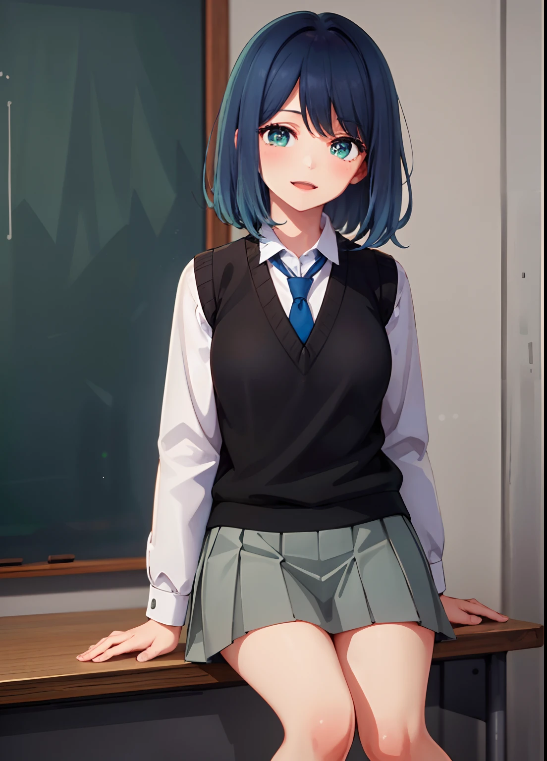 Akabane Kurokawa, 1 girl, Blue hair, Green eyes, Bangs, School uniform, Short hair, Skirt, sox, Athletic Shoes, white footwear, Black socks, Pleated skirt, knee high socks, White shirt, blue necktie, Long sleeves, vests, Collared shirt, plein air, urbane, (Upper body), Sitting cross-legged, Laughing together.
(Best Quality, 4K, 8K, hight resolution, masutepiece:1.2), Ultra-detailed, (Realistic, Photorealistic, Photorealsitic:1.37), nffsw, nffsw, Studio Lighting, Ultra-fine painting, Sharp Focus, Physically-based rendering, extreme detail description, Professional, Vivid colors, Bokeh, Portraits.