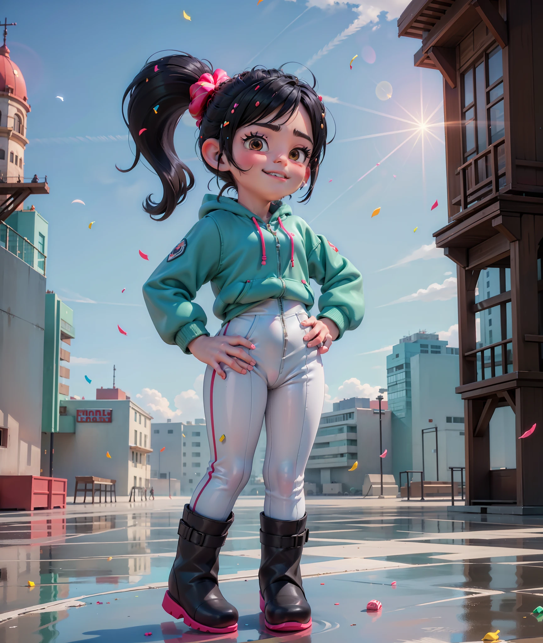 [Wreck_It_Ralph_Movie], ((masterpiece)), ((high quality)), ((HD)), ((beautiful portrait)), ((front view)), ((full body)), ((boots visible)), ((beautiful background)), {vanellope von schweetz, black hair, red scrunchy, short ponytail, (candy in hair:1.2), (cute half-closed brown eyes), smug smirk, white teeth}, {(white zip-up jumpsuit), aqua riding boots}, {(standing), (hands on hip), (looking at viewer), (pigeon-toed)}, [Background: (raceway), (grand prix), (confetti), (blue sky), (bright sun), (sun rays)]