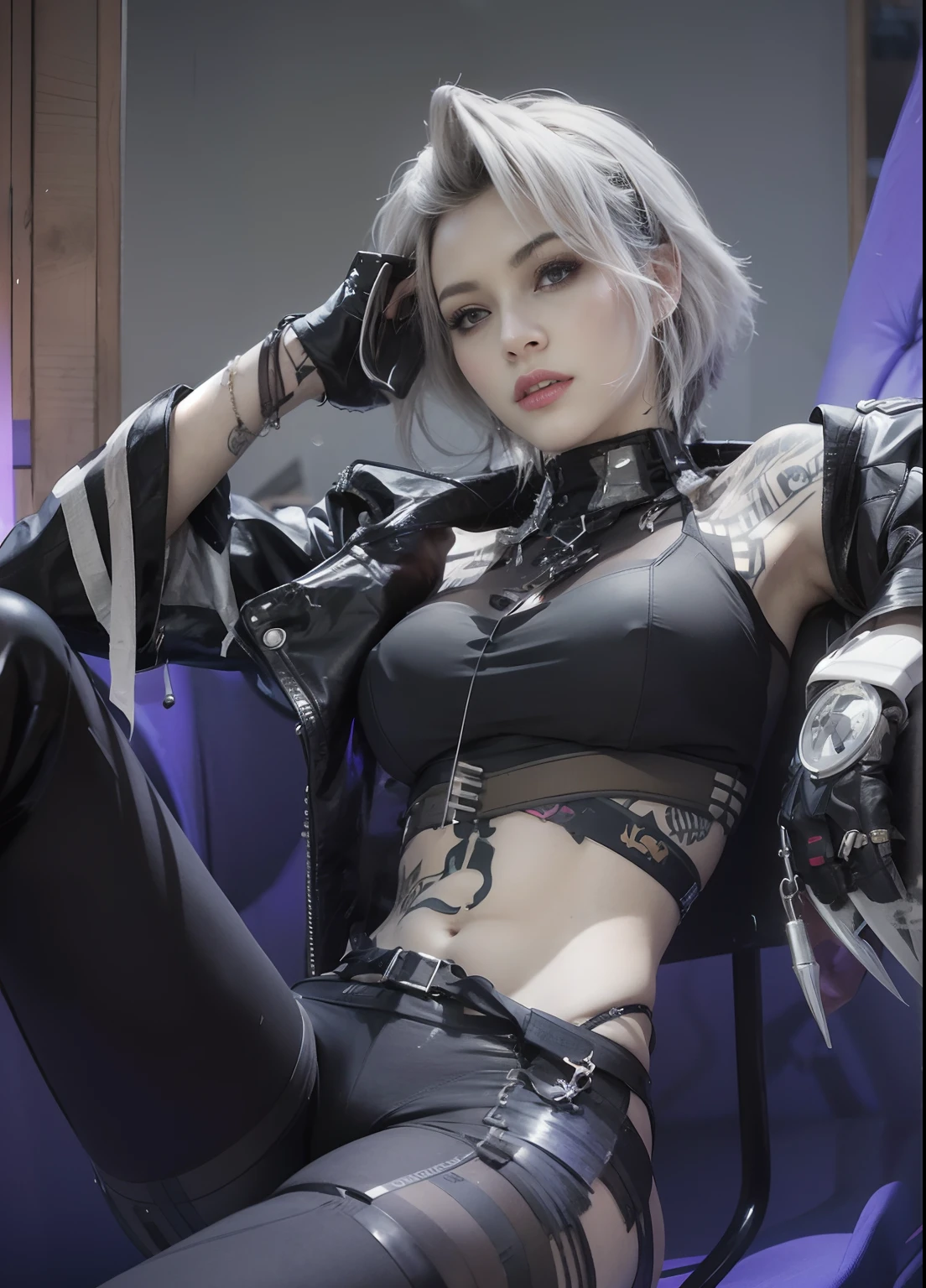 ((highest quality)), (masterpiece)), (detailed:1.4), 3D, beautiful cyberpunk woman image、(european:1.2)、(Skin exposed:1.3)、Battle Jacket、cute、(detailed face:1.5)、silver hair、HDR,ray tracing,NVIDIA RTX,super resolution,unreal 5,Scattered beneath the surface,PBR texturing,Post-processing,anisotropic filtering,Depth of bounds written, maximum clarity and sharpness, multilayer texture, Albedo and specular maps, surface shading, Accurate simulation of light-matter interactions, perfect proportions, octane rendering, two-tone lighting, wide aperture, Low ISO, White balance, Rule of thirds, 8K students, (Circuit Board AI)、(bare legs)、(spread your legs:1.5)