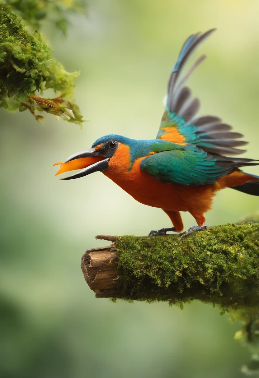A rainforest with a variety of birds flying through it. Some of the birds are large and colorful, while others are small and inconspicuous. A imagem deve ser vibrante e cheia de vida.: The image may include some of the following details to illustrate the amazing things about birds:

Um beija-flor com um bico longo e fino, Sucking nectar from a flower.
A bird with wings that fold in an unusual way, permitindo que ele voe em alta velocidade.
A bird that is able to imitate the human voice.
A bird building a complex and intricate nest.
A bird that is capable of flying long distances.