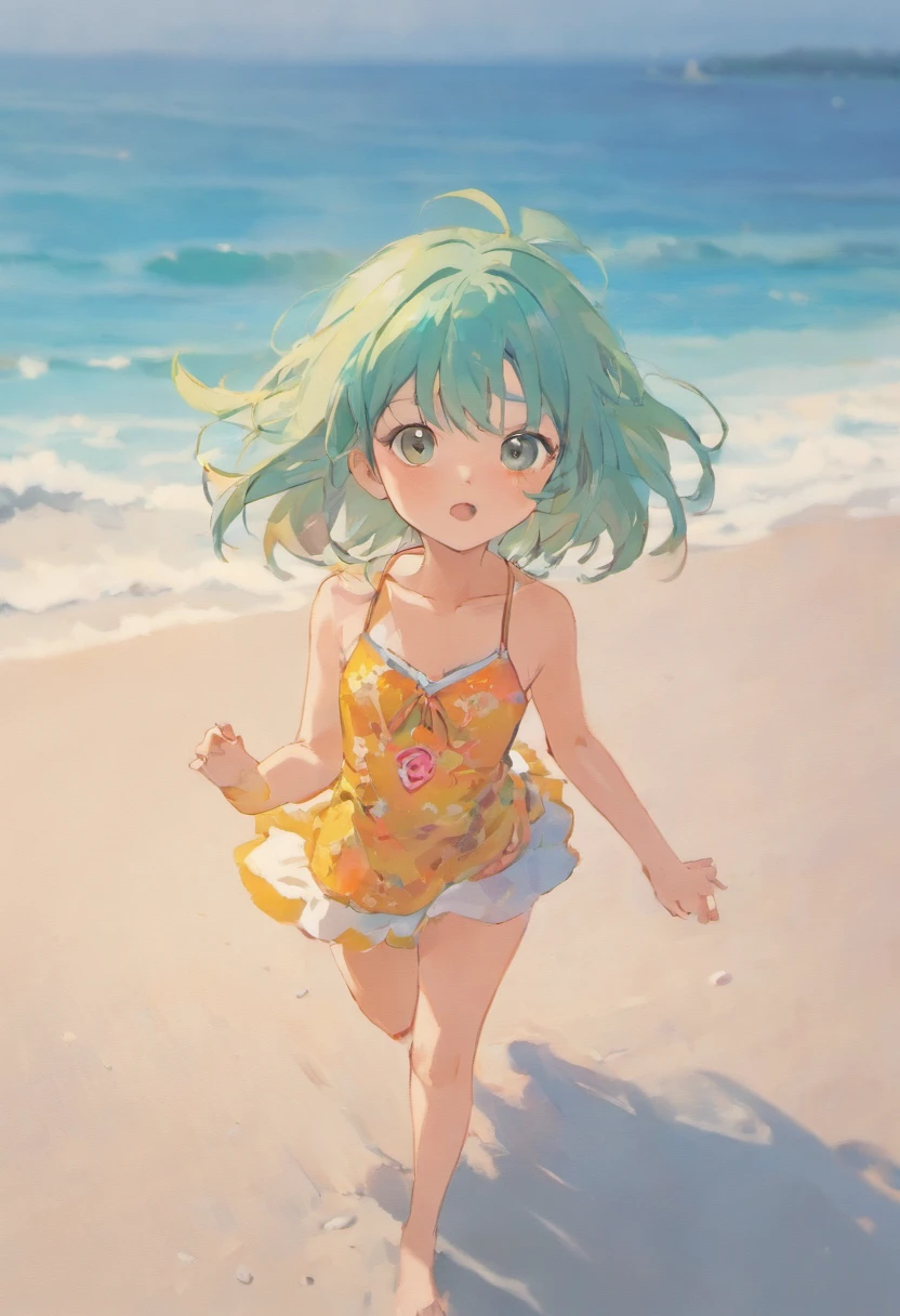 Menina de 5 anos na praia, cabelo longo, liso, olhos brilhantes, fear expression, Wearing modern children's clothing, em uma praia, poses and facial expressions, children's illustration style, simples, Fofa, cores. Pintura SNES