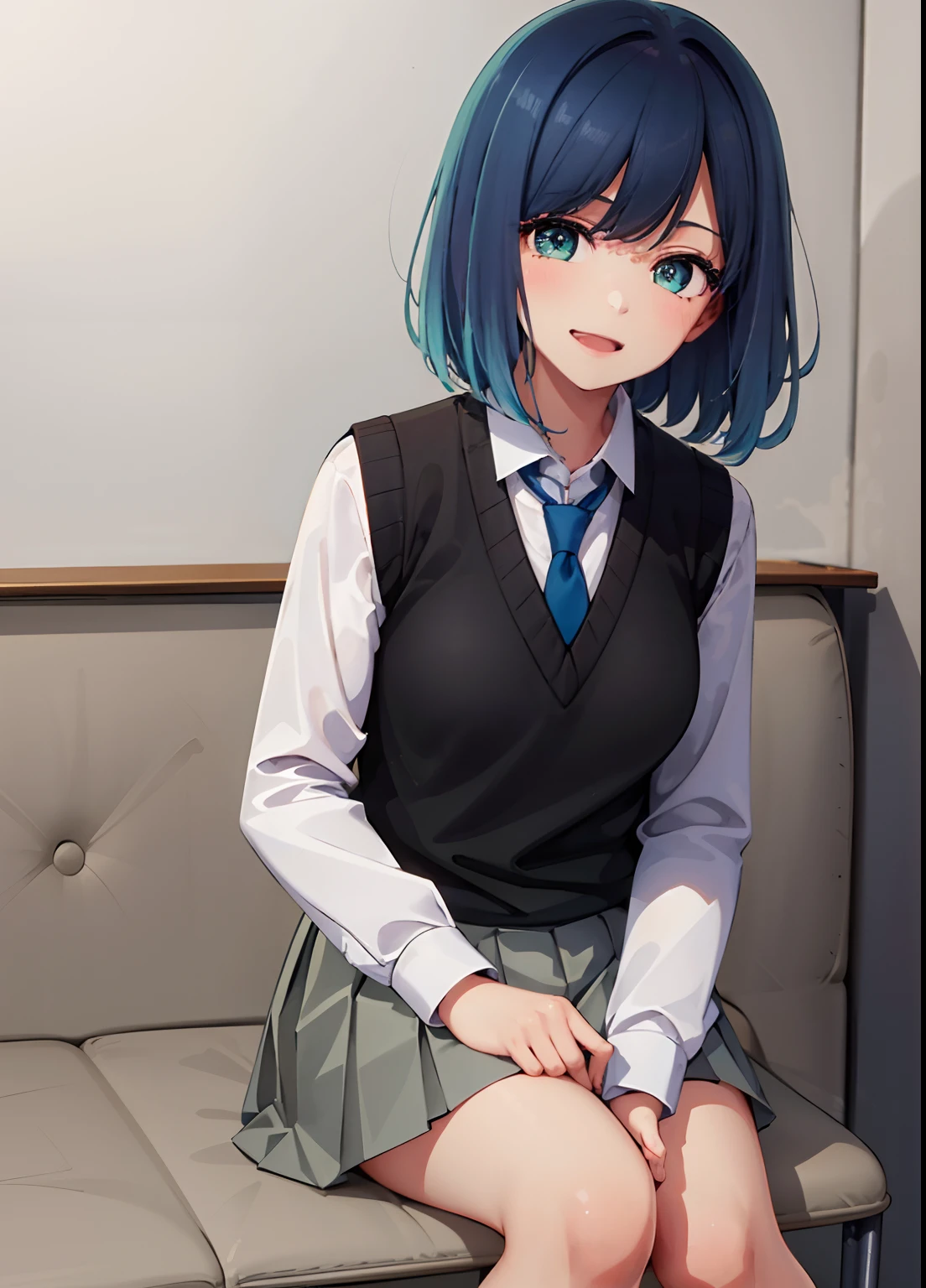 Akabane Kurokawa, 1 girl, Blue hair, Green eyes, Bangs, School uniform, Short hair, Skirt, sox, Athletic Shoes, white footwear, Black socks, Pleated skirt, knee high socks, White shirt, blue necktie, Long sleeves, vests, Collared shirt, plein air, urbane, (Upper body), Sitting cross-legged, Laughing together.
(Best Quality, 4K, 8K, hight resolution, masutepiece:1.2), Ultra-detailed, (Realistic, Photorealistic, Photorealsitic:1.37), nffsw, nffsw, Studio Lighting, Ultra-fine painting, Sharp Focus, Physically-based rendering, extreme detail description, Professional, Vivid colors, Bokeh, Portraits.