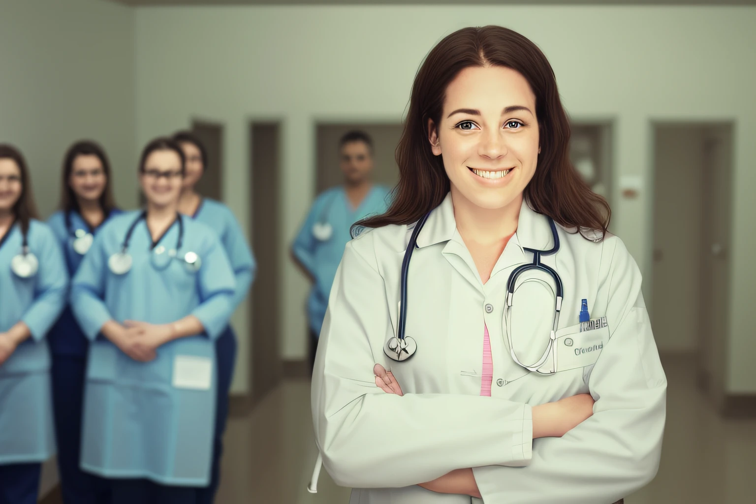 Smiling female doctor with stethoscope and stethoscope in front of a group of medical personnel, healthcare worker, vestindo jaleco e blusa, medic, vestindo um jaleco branco, vestindo um vestido hospitalar branco, usando jaleco, vestindo jaleco, Foto de Stock, usando jaleco, with a stethoscope, foto de retrato, medic, Male physician