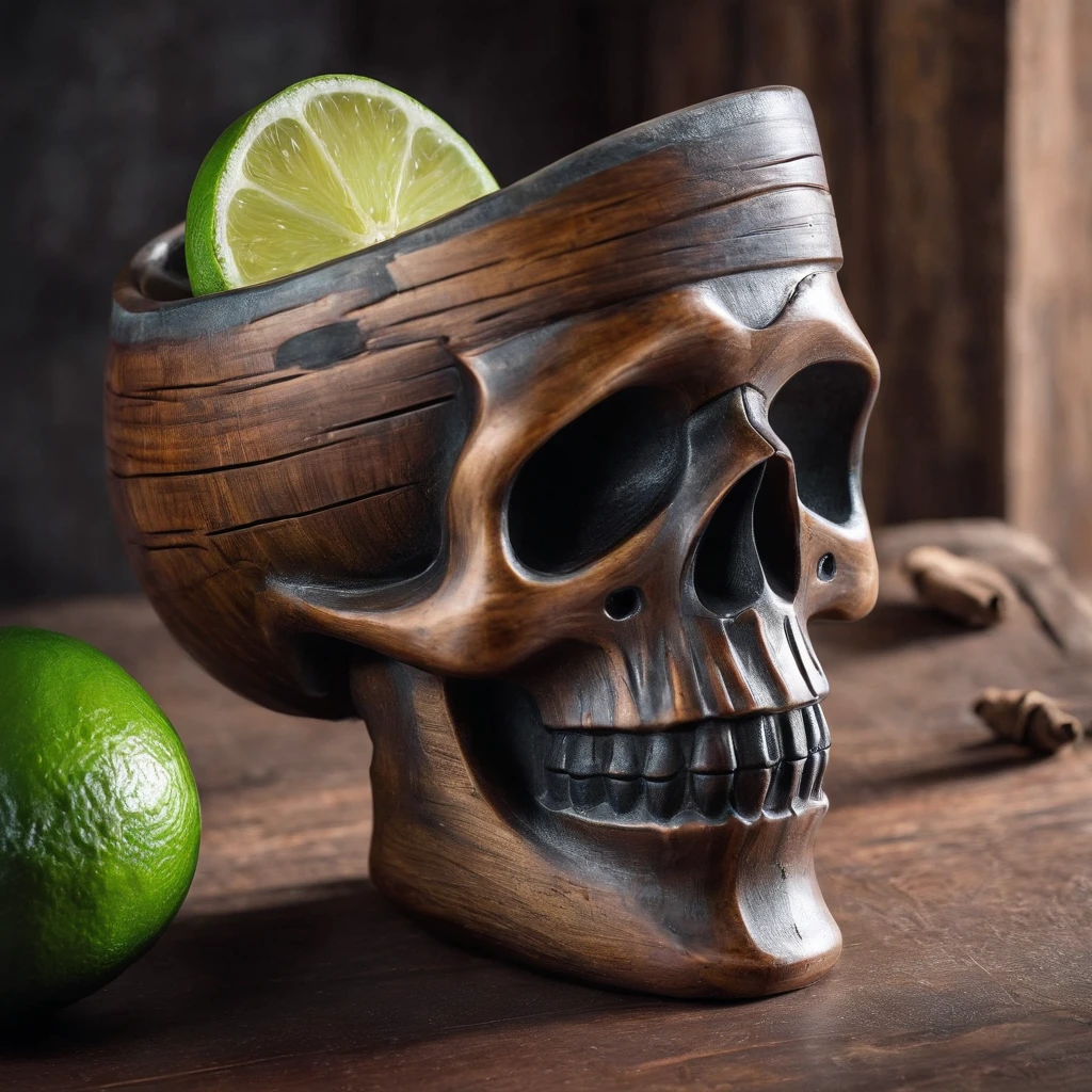 Skull shaped Tiki mug, with slice of lime and grapefruit and cinnamon in it, sitting on rustic wood table, in traditional Mexican adobe brick house. Table also has bottles of rum and tequila on it.