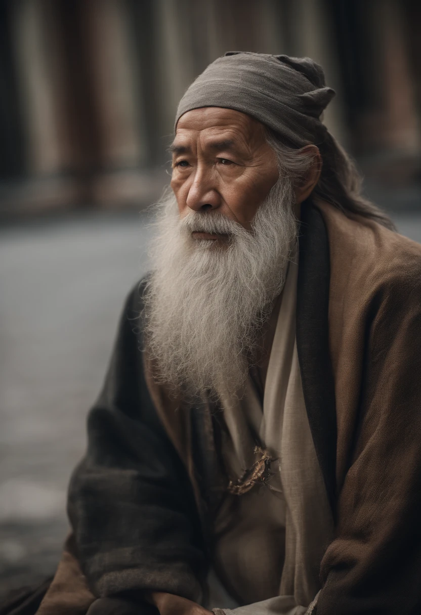 Close-up of a man with a long beard sitting on a bench, inspired by Wu Daozi, Taoist master, Inspired by Hu Zaobin, very long white beard and hair, Long white beard, Taoist, Daoism, inspired by Li Gonglin, inspired by Li Cheng, long grey beard, confucius and jury trial