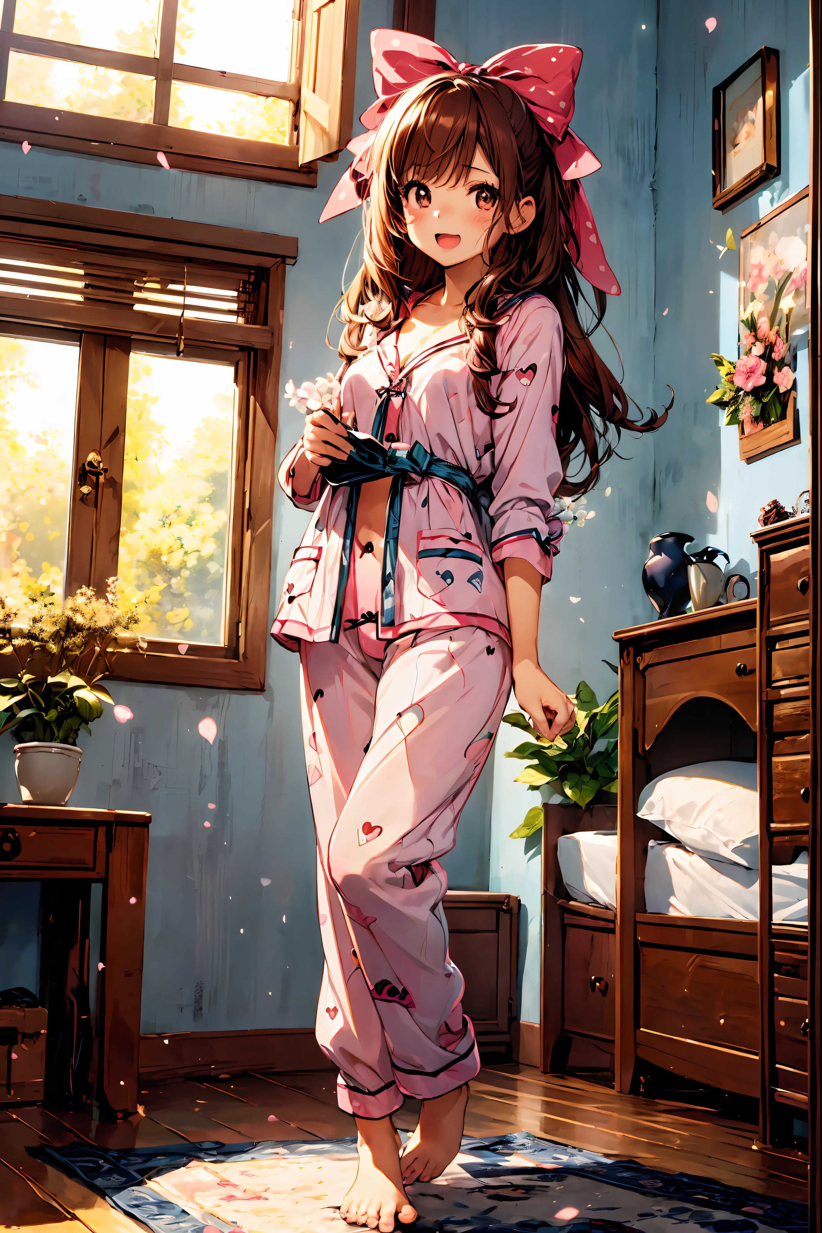 (Cute:1.5),(Chibi:0.5),(kawaii:2.0),(Lori:2.0),(7 year old girl),(Solo:1.65),BREAK, (flat chest:1.2,), Clear skin, Beautiful skin, Shy, One Beautiful Girl,Colossal tits(Hair Bow, reddish brown hair, Twin-tailed:1.2), (Brown eyes, long eyelashes, Double eyelids: 1.2), Shiny skin, BREAK, (Alice in Wonderland:1.4), Voluminous panniers below ( bare-legged, Standing, Open_Mouth:1.33), (Orange pajamas, Polka dot pajamas, nightcap:1.2),BREAK, (inside in room,night:1.5),(girl's own room,pink wall paper,a bed,The table,Rooms on the upper floors,A window with a beautiful night view:1.35),Cute,Posing,Look at viewers, Professional Lighting, Physically-based rendering,depth of fields,BREAK, wakame,wakame,wakame,(Highly detailed CG Unity 8k wallpaper), (Best Quality, Very detailed, Colorful, Highest detail), (Best Illustration), (Best Shadow), POV, Realistic lighting and shading, Natural light, Lens flare effect,absurderes, absolutely resolution, unbelievable Ridiculous, hight resolution, ultra-detailliert, Official art, Unity 8k, Kinetic Typography Break, ‎ (1girl in, Solo:1.4), Dynamic Poses, sale,(Smile with plenty of room:1.1)