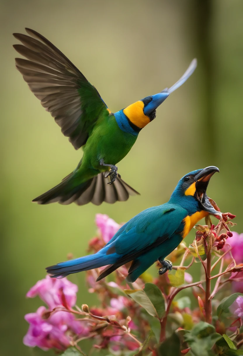 A rainforest with a variety of birds flying through it. Some of the birds are large and colorful, while others are small and inconspicuous. A imagem deve ser vibrante e cheia de vida.: The image may include some of the following details to illustrate the amazing things about birds: Um beija-flor com um bico longo e fino, Sucking nectar from a flower. A bird with wings that fold in an unusual way, permitindo que ele voe em alta velocidade. A bird that is able to imitate the human voice. A bird building a complex and intricate nest. A bird that is capable of flying long distances.The image should convey the message that birds are amazing and fascinating creatures. They are an important part of our world and deserve to be appreciated.
