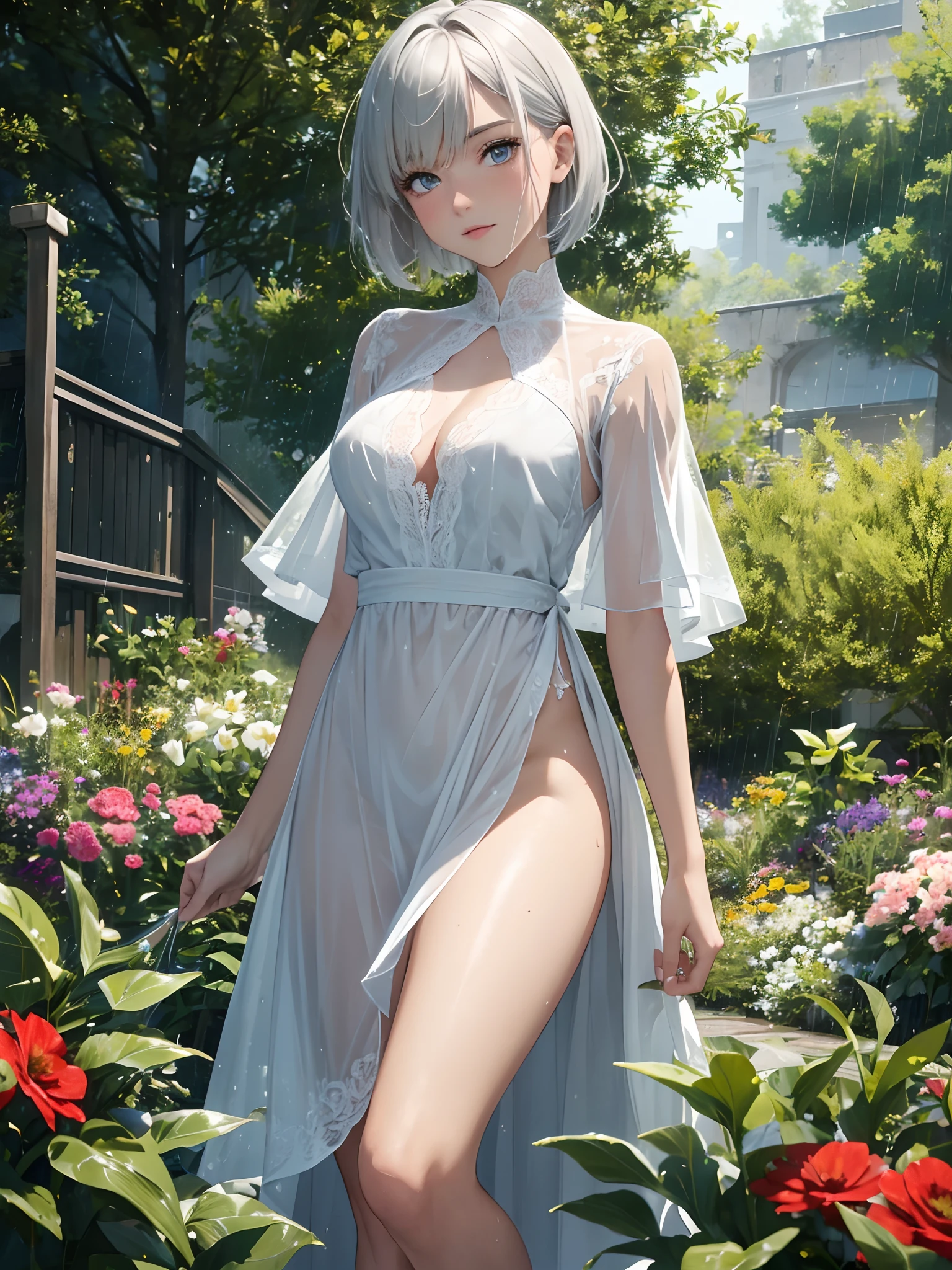 (ultra-realistic, highres, best quality, 4k, professional, cowboy shot), an illustration in Full HD that showcases a 21-year-old girl's cool style, beauty eyes, sharp eyes. Her Asymmetric Pixie hairstyle, silver hair, short hair, and left-facing bangs with red highlights make her stand out. She's dressed in a fashioned Party dress, wet skin, wet face, wet dress, (rain, rainy), flower garden, exuding confidence and individuality.