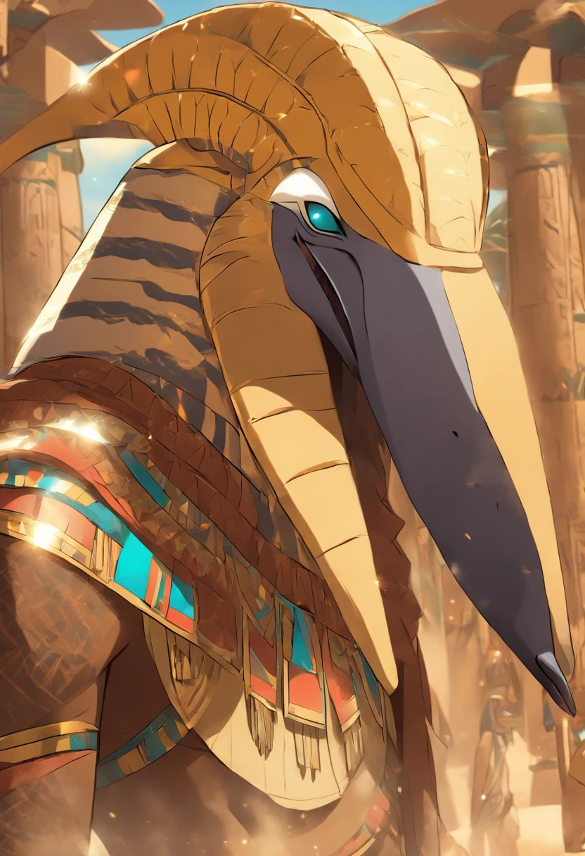 (((Egyptian god anteater))) best quality, ultra-high resolution, 4K detailed CG, master piece,SETH,god of chaos, Egyptian mythology,expression of evil,Egyptian clothing, desert,((brother of Osiris) ) ,((Anteater head))aesthetics, Beautiful image, centered on the screen, oasis in the background