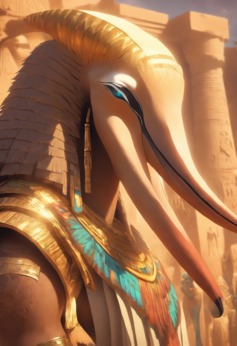 (((Egyptian god anteater))) best quality, ultra-high resolution, 4K detailed CG, master piece,SETH,god of chaos, Egyptian mythology,expression of evil,Egyptian clothing, desert,((brother of Osiris) ) ,((Anteater head))aesthetics, Beautiful image, centered on the screen, oasis in the background