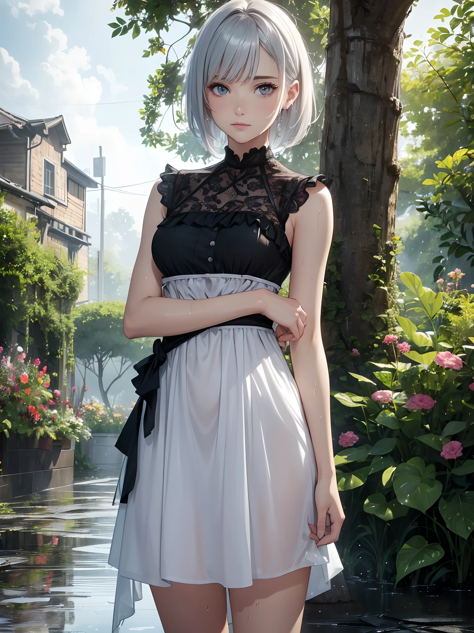 (ultra-realistic, highres, best quality, 4k, professional, cowboy shot), an illustration in Full HD that showcases a 21-year-old girl's cool style, beauty eyes, sharp eyes. Her Asymmetric Pixie hairstyle, silver hair, short hair, and left-facing bangs with red highlights make her stand out. She's dressed in a fashioned Party dress, wet skin, wet face, wet dress, wet hair, (rain, rainy), flower garden, exuding confidence and individuality.