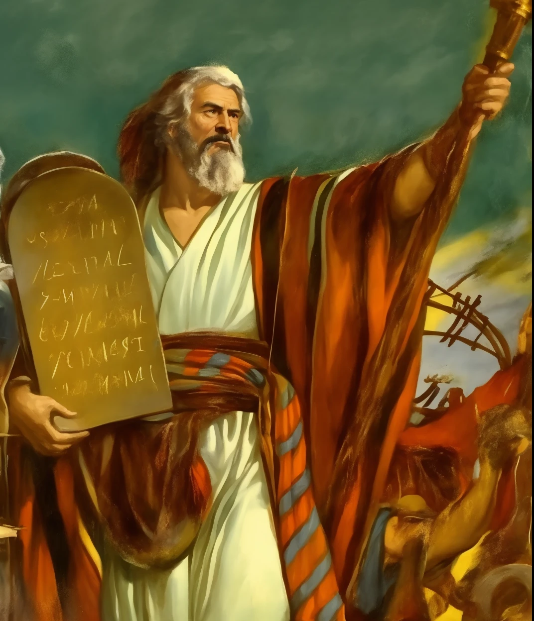 uma pintura de um homem segurando um sinal com uma espada, moses, epic biblical representation, biblical image, bible illustration, Ancient Biblical, biblical art style, biblical painting, Directed by: Scott M. Fischer, biblical art, Pintura de Golias, Jeremias, Antigo Testamento, Directed by: Bernard Meninsky, Directed by: Leonard Long, Gal Yosef, Directed by: Samuel Scott, Directed by: Leo Michelson