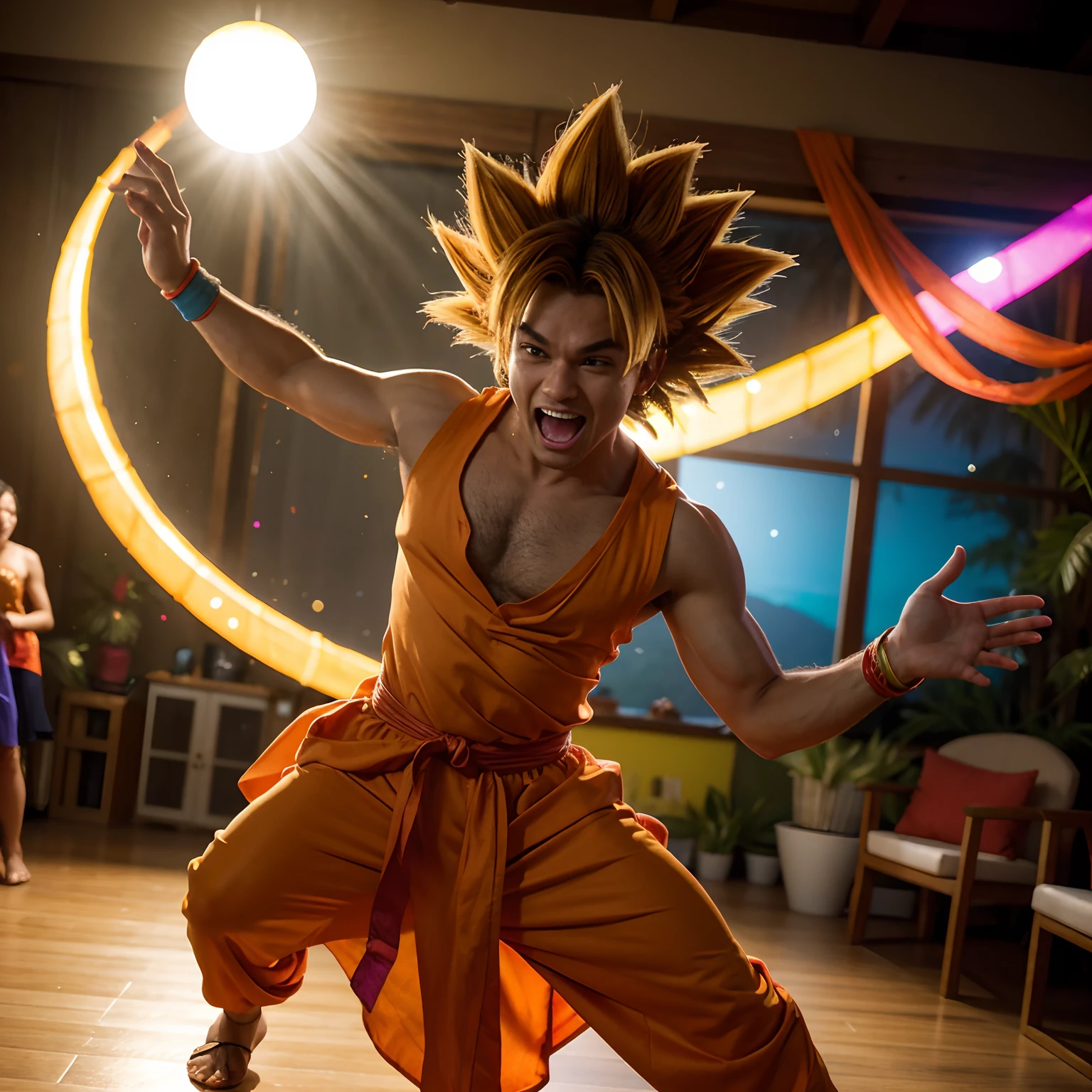Portrait Hyperrealistic professional photograph of a Goku from dragón ball in an tropical dress, bailando de una manera exagerada muy alegre en medio de una sala de estar de una casa en una fiesta de amigos. a high definition, High resolution, vivid colors, cinematiclight, Renderizado de octanaje, Obra maestra,