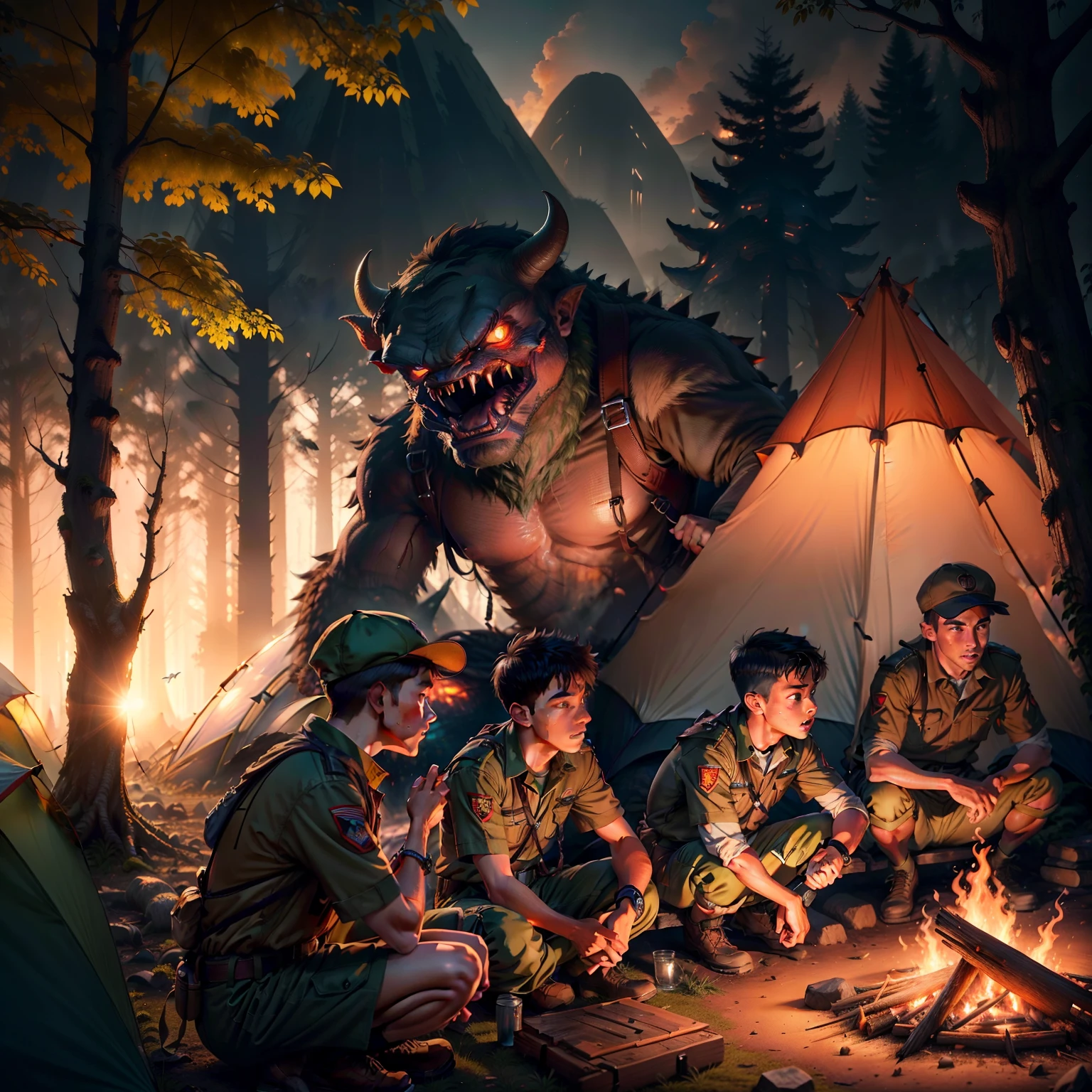 scout's camp, boys in scout uniforms, camp fire, (background: tents, forest, ((evil monster hiding in the )) ),hd, photorealistic