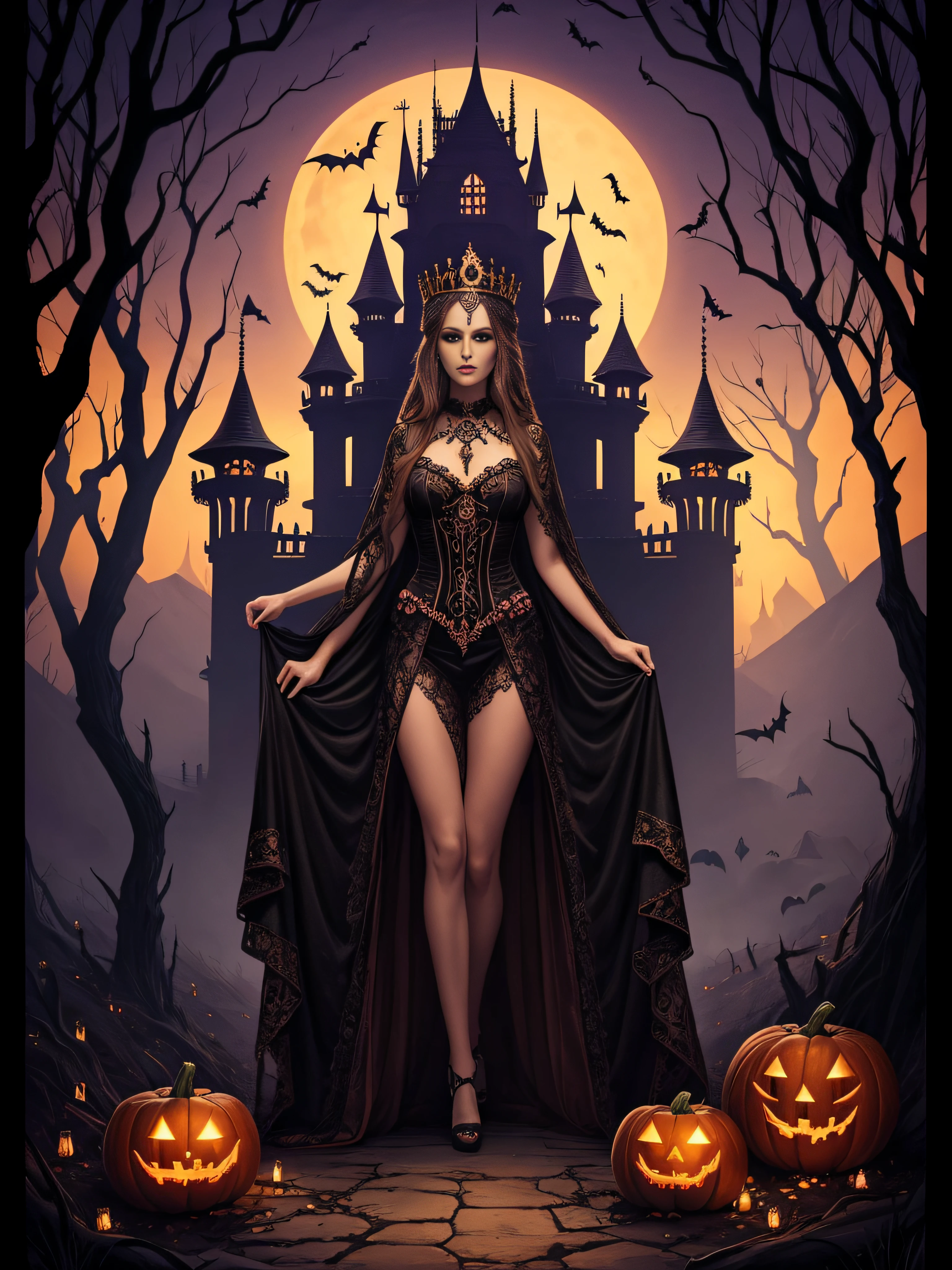 Landscape full body queen of the dead, Halloween palace in the valley, theme Halloween spectacular intricate detailed, surreal