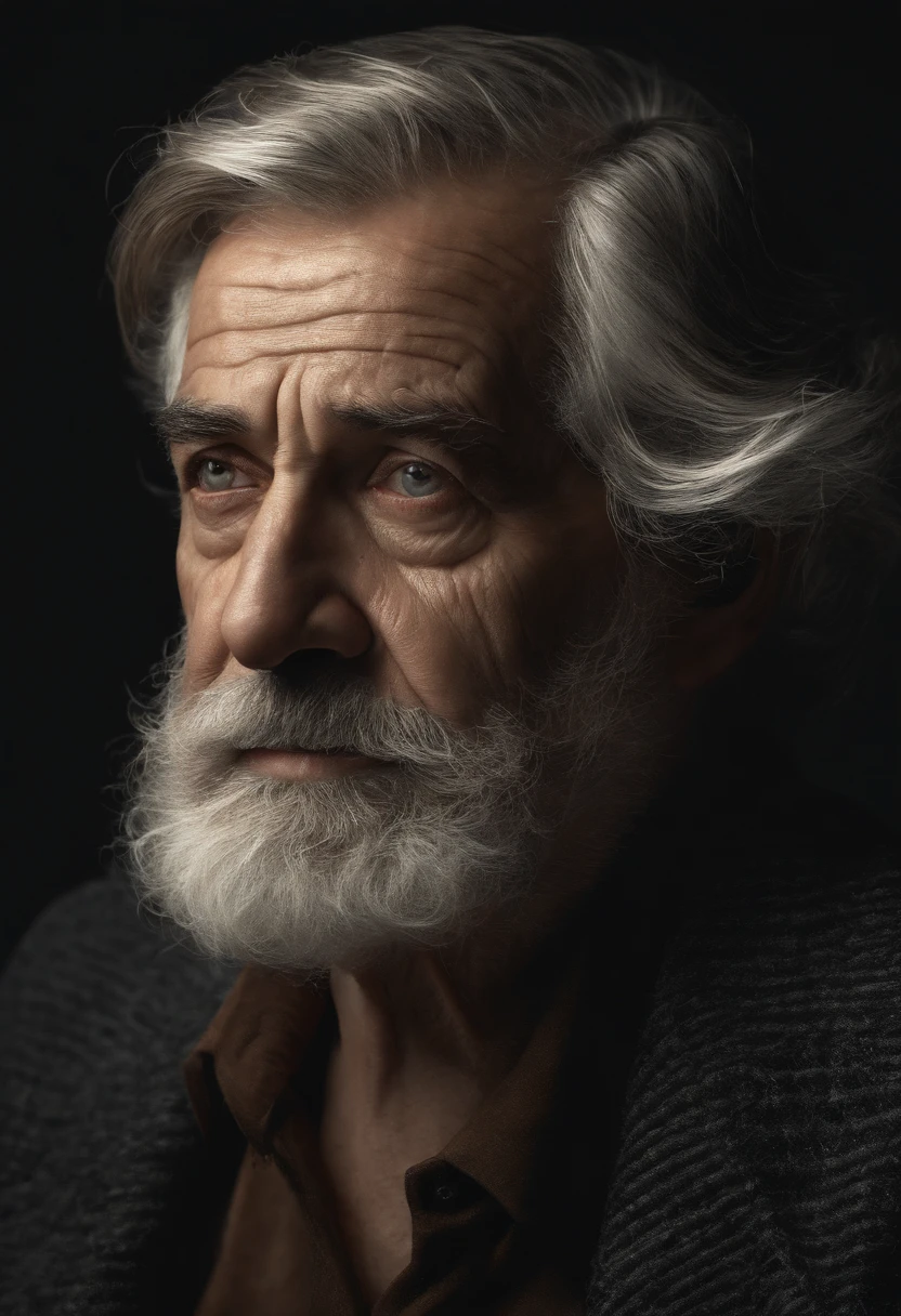 (best quality,4k,8k,highres,masterpiece:1.2),ultra-detailed,(realistic,photorealistic,photo-realistic:1.37),old man,black background,direct gaze,handsome,wise,wrinkles,gray hair,beard,intense eyes,characterful face,sharp focus,stark contrast,dramatic lighting,portrait