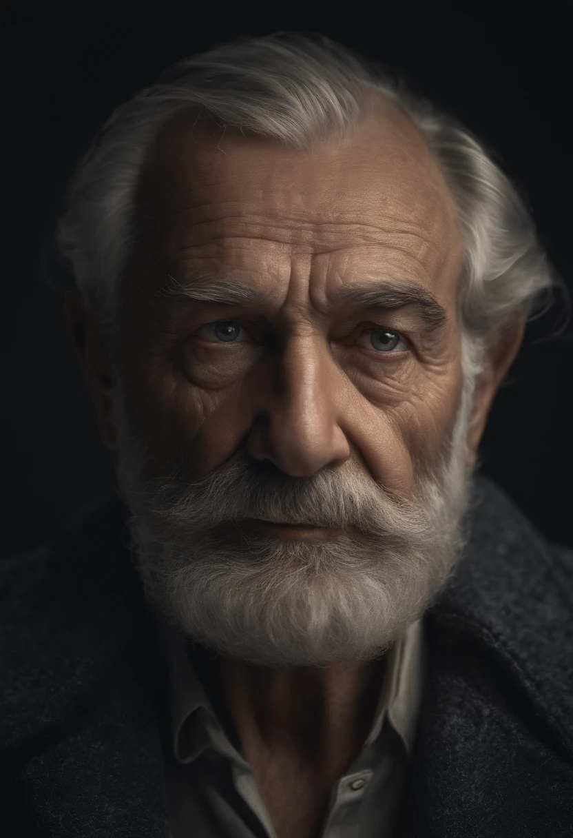 (best quality,4k,8k,highres,masterpiece:1.2),ultra-detailed,(realistic,photorealistic,photo-realistic:1.37),old man,black background,direct gaze,handsome,wise,wrinkles,gray hair,beard,intense eyes,characterful face,sharp focus,stark contrast,dramatic lighting,portrait