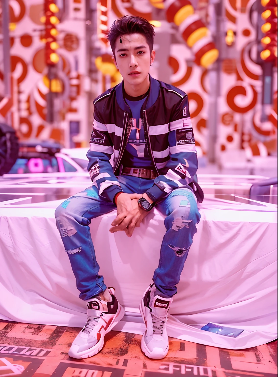 change background cyberpunk handsome boy realistic face, with cars,8k ultra realistic