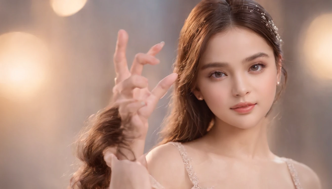 best qualtiy, tmasterpiece, 1girll, beauitful face, (photograph realistic:1.3), edge lit, (highdetailskin:1.2), 8K UHD, digital SLR camera, high high quality, A high resolution, 4k, 8k, bokeh, absurderes, Optimal proportions of four fingers and one thumb, (realisticlying:1.3), Cute 1girl, Wearing a light pink slip dress, 36c breasts, short skirt,
