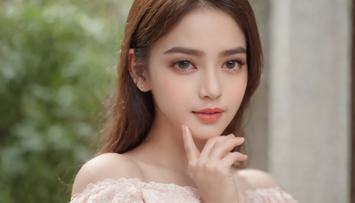 best qualtiy, tmasterpiece, 1girll, beauitful face, (photograph realistic:1.3), edge lit, (highdetailskin:1.2), 8K UHD, digital SLR camera, high high quality, A high resolution, 4k, 8k, bokeh, absurderes, Optimal proportions of four fingers and one thumb, (realisticlying:1.3), Cute 1girl, Wearing a light pink slip dress, 36c breasts, short skirt,
