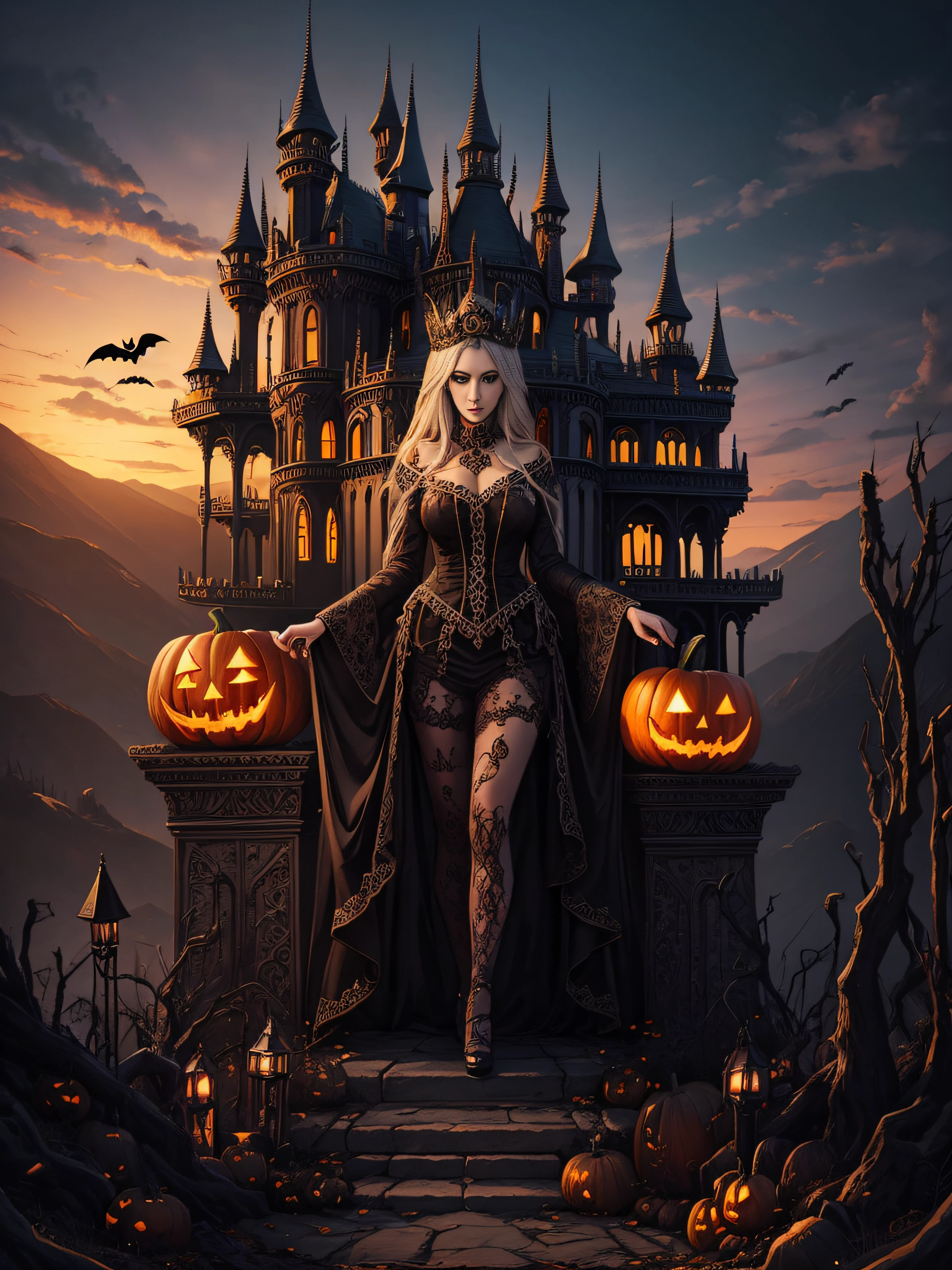 Landscape full body queen of the dead, Halloween palace in the valley, theme Halloween  spectacular intricate detailed, surreal