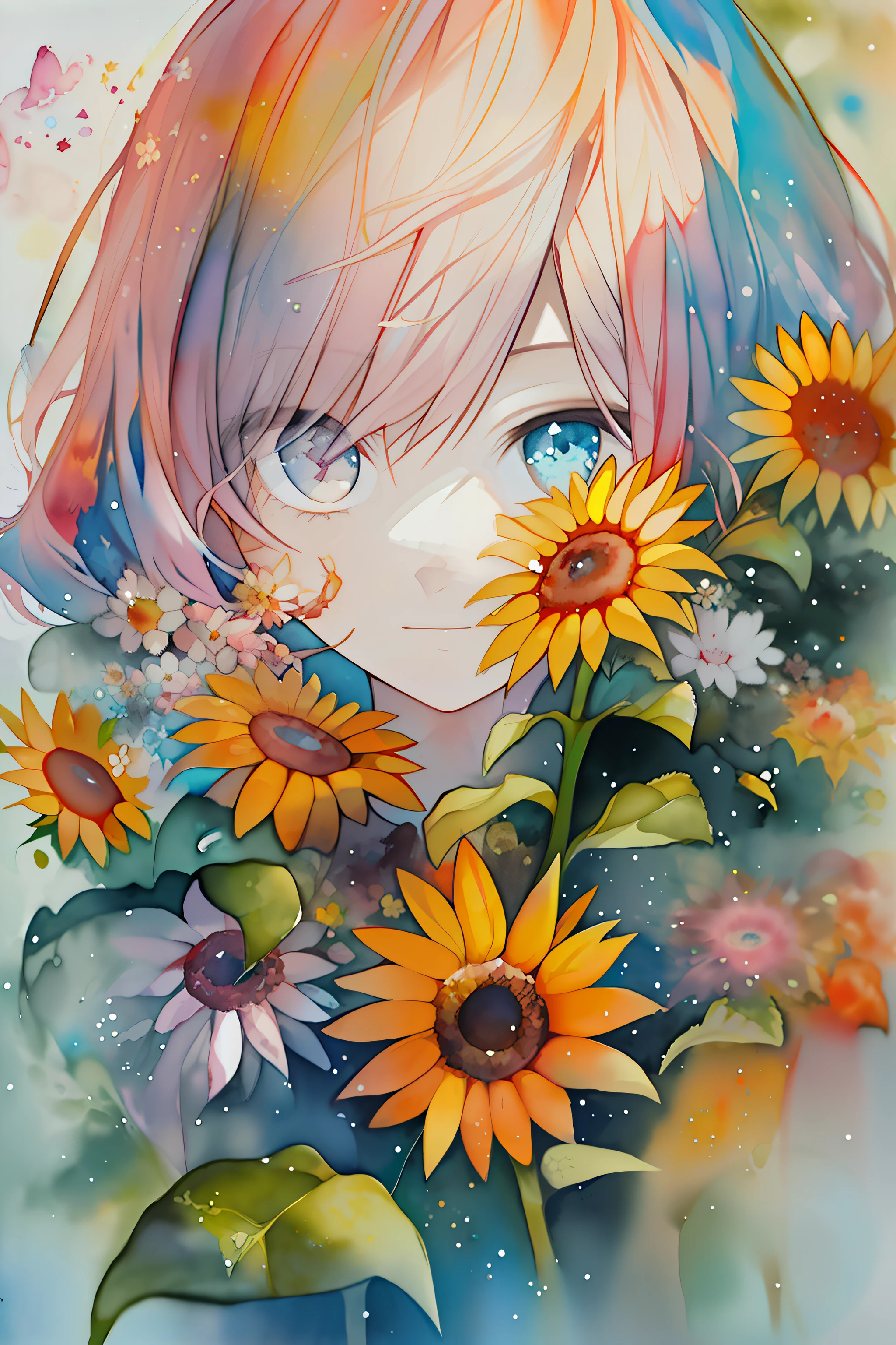 (aquarelle:1.2),1girll, Solo, flower, sunflower,freckle, Portrait, leafs, bangs, pink flower, (Light gold long) Hair, ((Delicate blue lens eyes)), hair between eye,