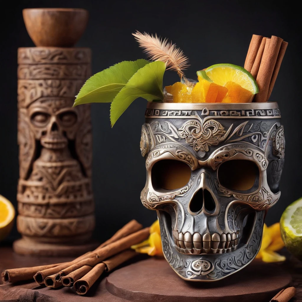 Aztec skull Tiki drink with cinnamon, rum, and tequila