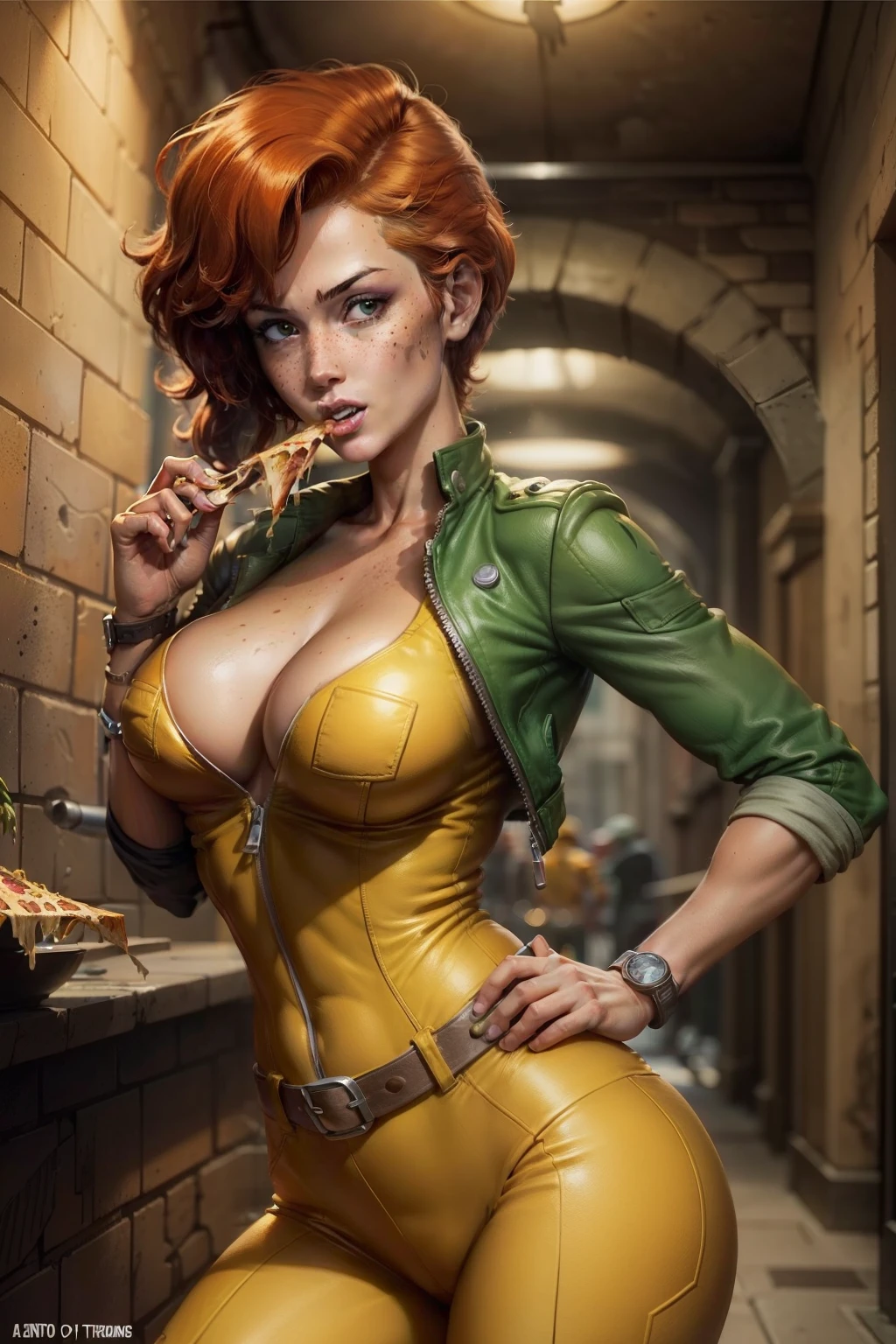 (April O'Nile: 28 years old, brave, companion of the Ninja Turtles, yellow suit, leather jacket, strong belt, one hand holds a slice of pizza close to mouth, mouth open with, detailed face, ginger, freckles, breasts tilted towards the viewer), sewer room, widescreen, with a strong sense of three-dimensionality, by Kevin Eastman and Peter Laird,