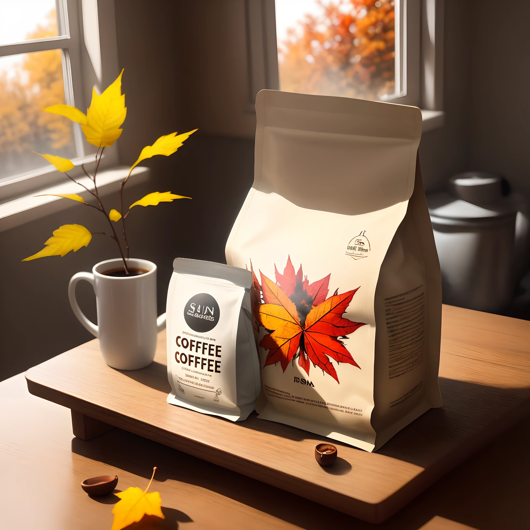 Image of coffee packaging on table, Next to it is a mug of ready-made coffee with smoke, Against the background of an open window, Sun light, autumn leaves,