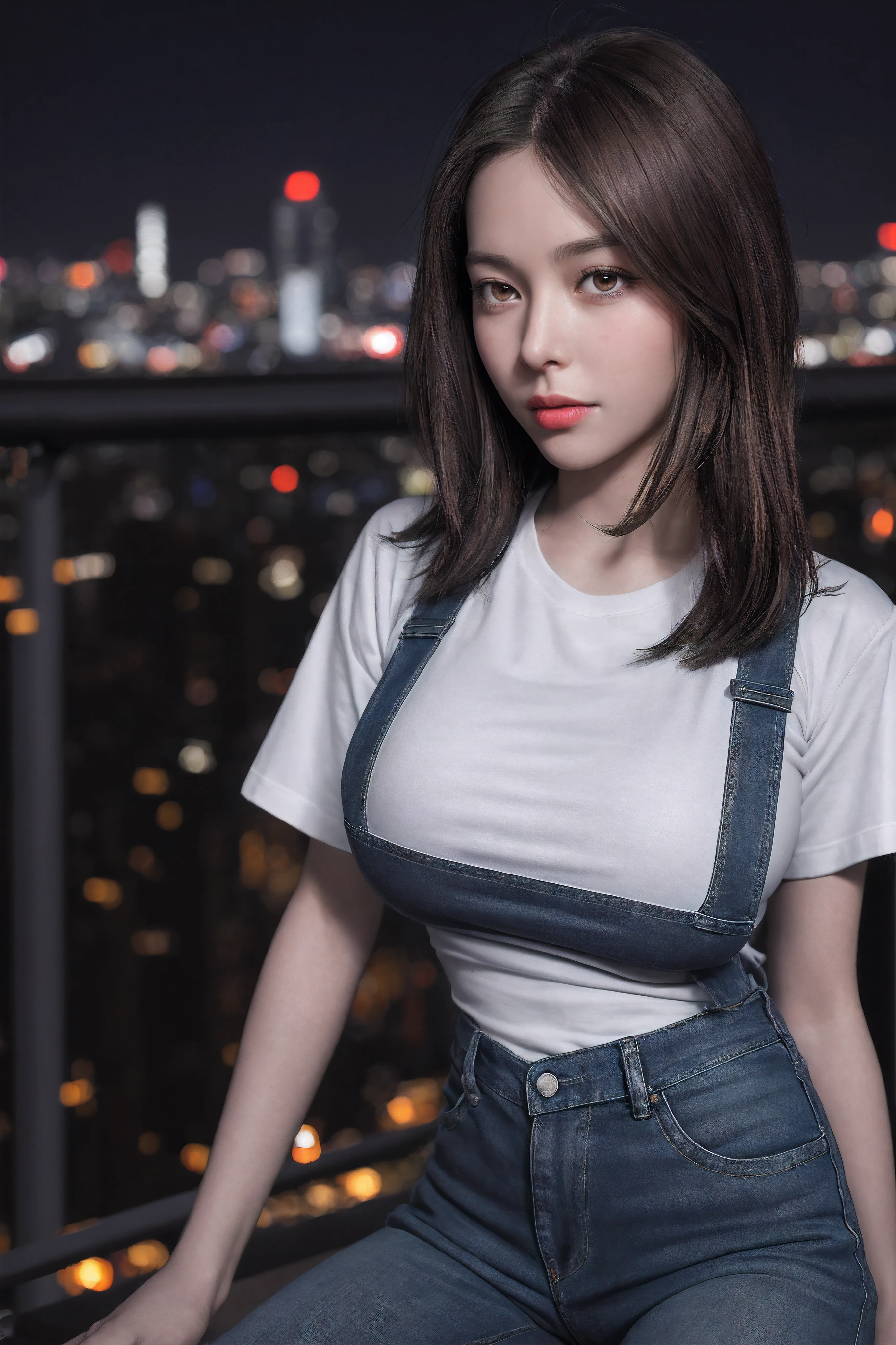 Raw, cinematic shot, (sharp focus:1.5), (photorealistic:1.4), twilight lighting, volumetric lighting, ultra high res, 16K,dramatic lighting, Midnight, Whole body, Long legs, Sharp focus :1.2, A pretty woman with perfect figure :1.4, Slender abs :1.1, ((Dark brown hair,Gigantic breasts :1.2)), (White tight tshirt, Jean bib, Standing:1.2), ((Night city view, Rooftop:1.3)), Highly detailed face and skin texture, Detailed eyes, Double eyelid