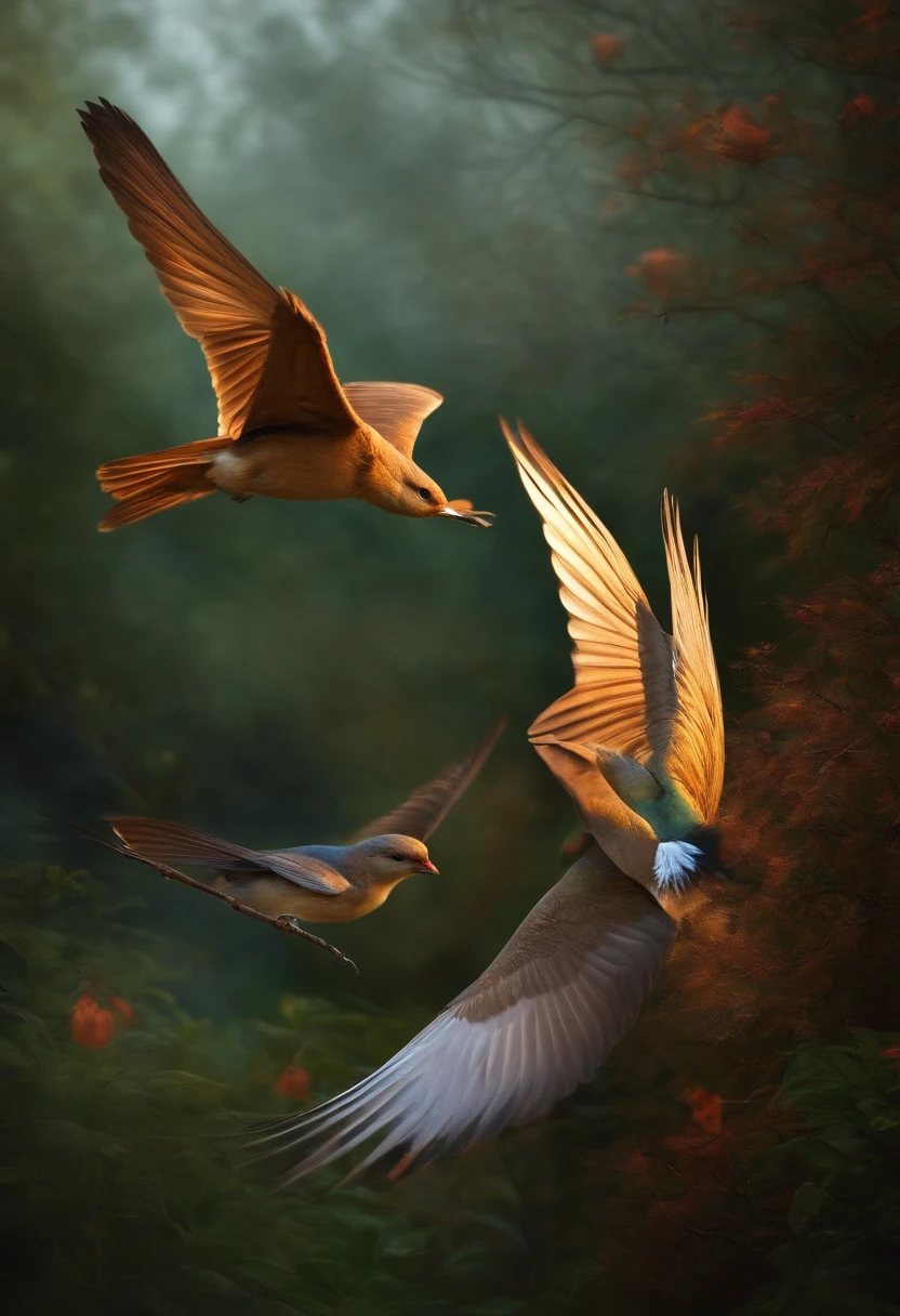 Create a bizarre image of swift birds, Realistic image that conveys the feel of the bird is many miles per second
