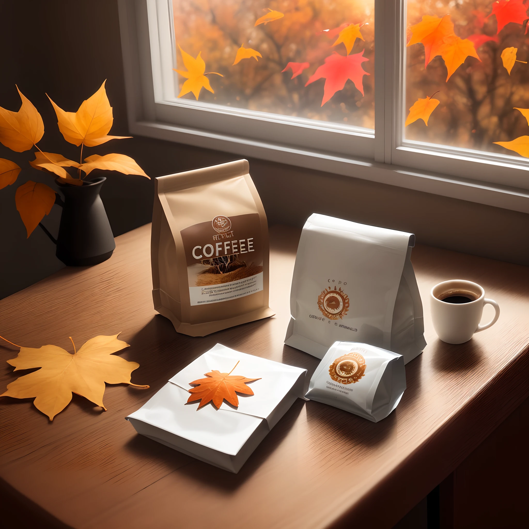 Image of coffee packaging on table, Next to it is a mug of ready-made coffee with smoke, Against the background of an open window, Sun light, autumn leaves,