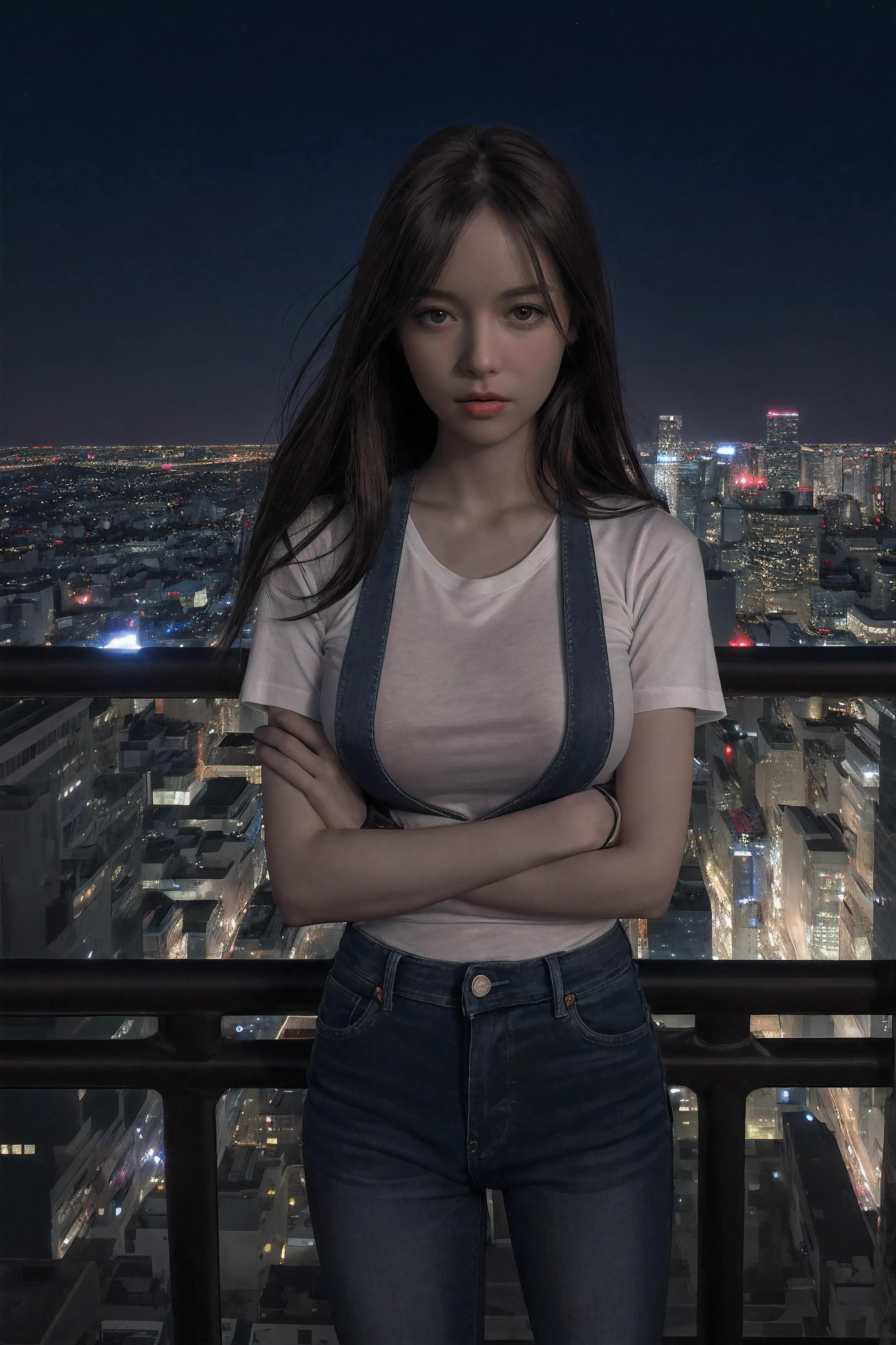 Raw, cinematic shot, (sharp focus:1.5), (photorealistic:1.4), twilight lighting, volumetric lighting, ultra high res, 16K,dramatic lighting, Midnight, Whole body, Long legs, Sharp focus :1.2, A pretty woman with perfect figure :1.4, Slender abs :1.1, ((Dark brown hair,Gigantic breasts :1.2)), (White tight tshirt, Jean bib, Standing:1.2), ((Night city view, Rooftop:1.3)), Highly detailed face and skin texture, Detailed eyes, Double eyelid