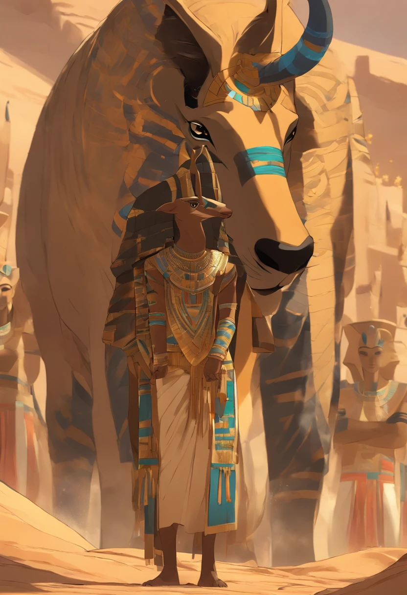 (((Egyptian God))) best quality, ultra-high resolution, 4K detailed CG, master piece,SETH,god of chaos, Egyptian mythology,expression of evil,Egyptian clothing, desert,((animal face, long nose similar to a tapir) ), aesthetics, Beautiful image, centered on the screen, oasis in the background