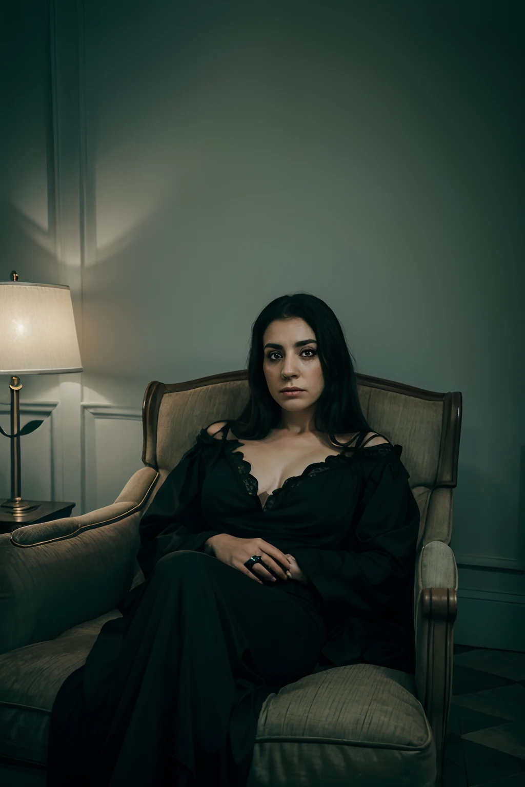 haunting woman on chaise lounge, black eyes full of fear, ghostly and somber in the exquisite New Orleans room she's in