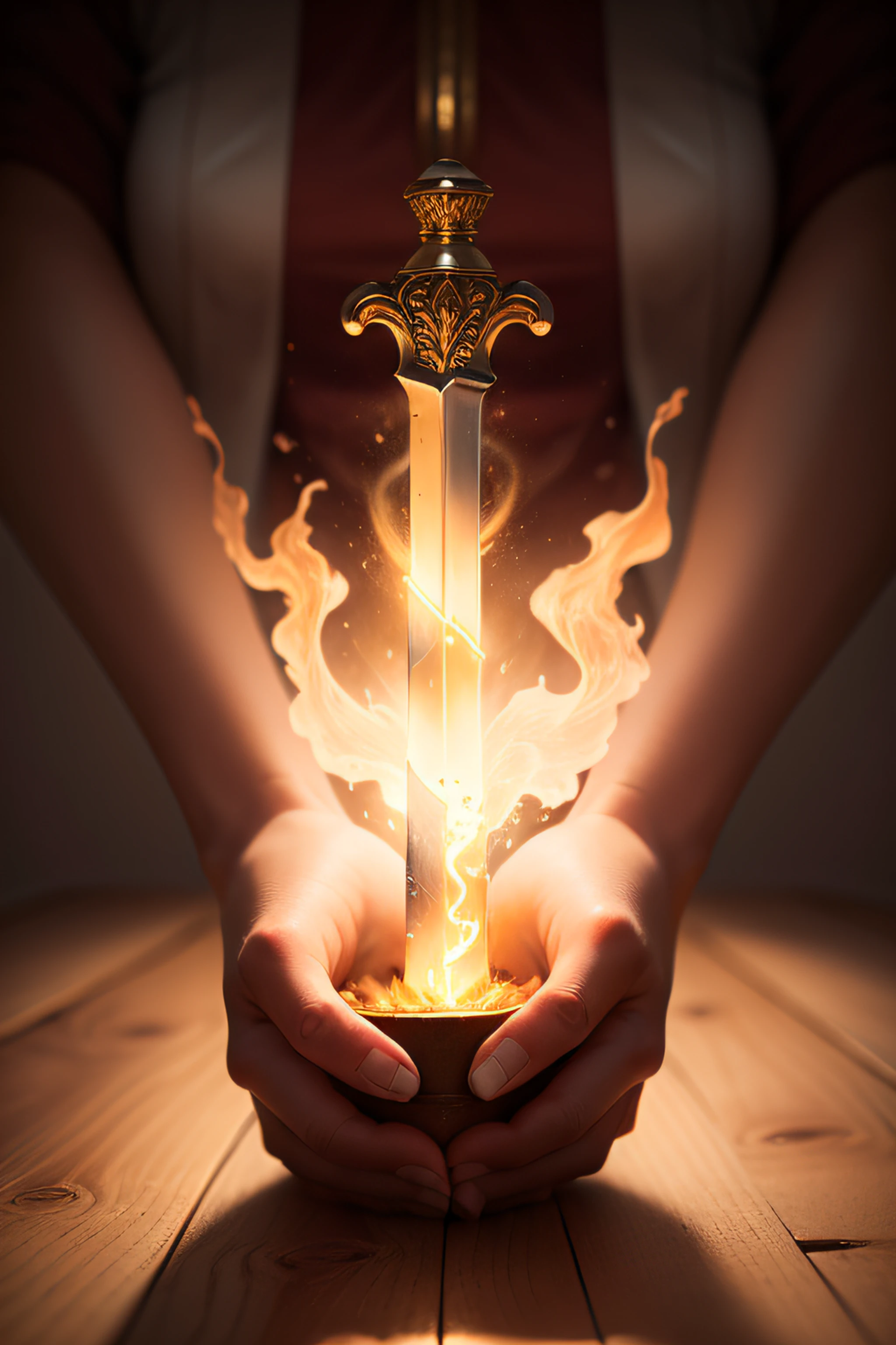 A beautifully detailed image of an enchanted sword lying on a table, glowing with magical energy. The blade, gleaming with a soft, warm light, curves and twists as it stretches from hand to hand, creating a mesmerizing, ethereal trail of swirling flames. The surrounding room is bathed in a warm, golden light, casting a warm glow on the item. macro lens, golden hour, soft lighting