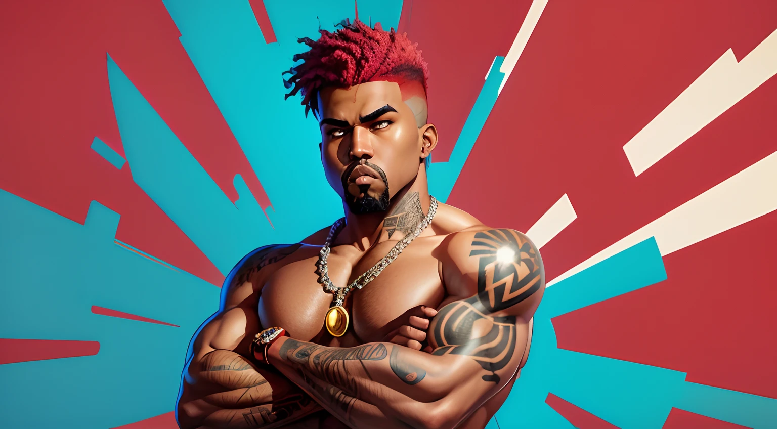 (masterpiece, intricately detailed, highest resolution, best quality:1.2),a cocky creole Afro, a 32 y.o muscle stud with a muscular physique sitting on a chair with black eyes,dark-skinned male, wearing chest harness, ((excessive cum, cum on body, cum dripping:1.2)), crusaderworld, bracelets, necklace, jewelry, flaccid penis,saggy balls,hairy chest,vascular,muscle striations,soft light,fantastic realism,