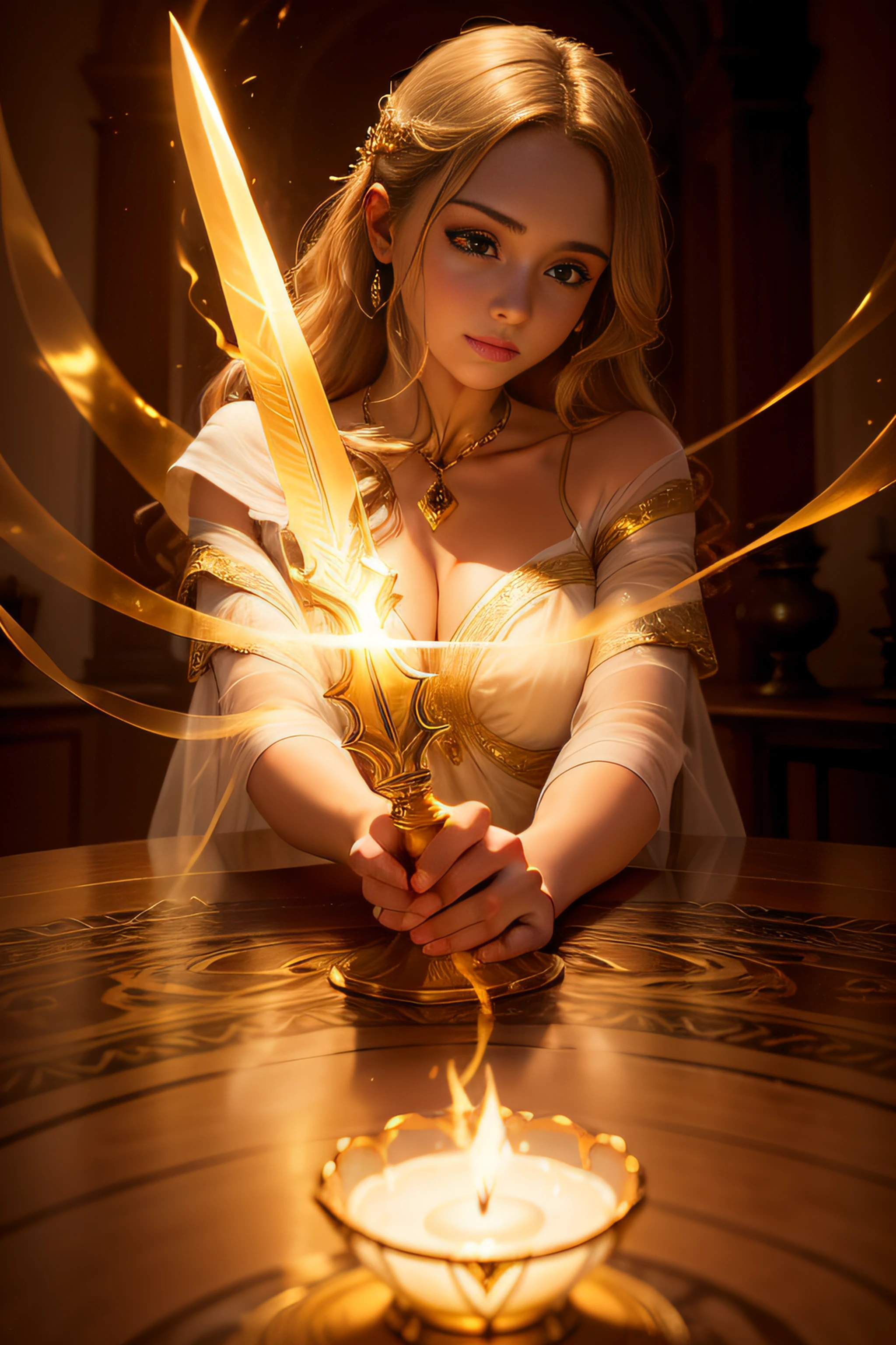 A beautifully detailed image of an enchanted sword lying on a table, glowing with magical energy. The blade, gleaming with a soft, warm light, curves and twists as it stretches from hand to hand, creating a mesmerizing, ethereal trail of swirling flames. The surrounding room is bathed in a warm, golden light, casting a warm glow on the item. macro lens, golden hour, soft lighting