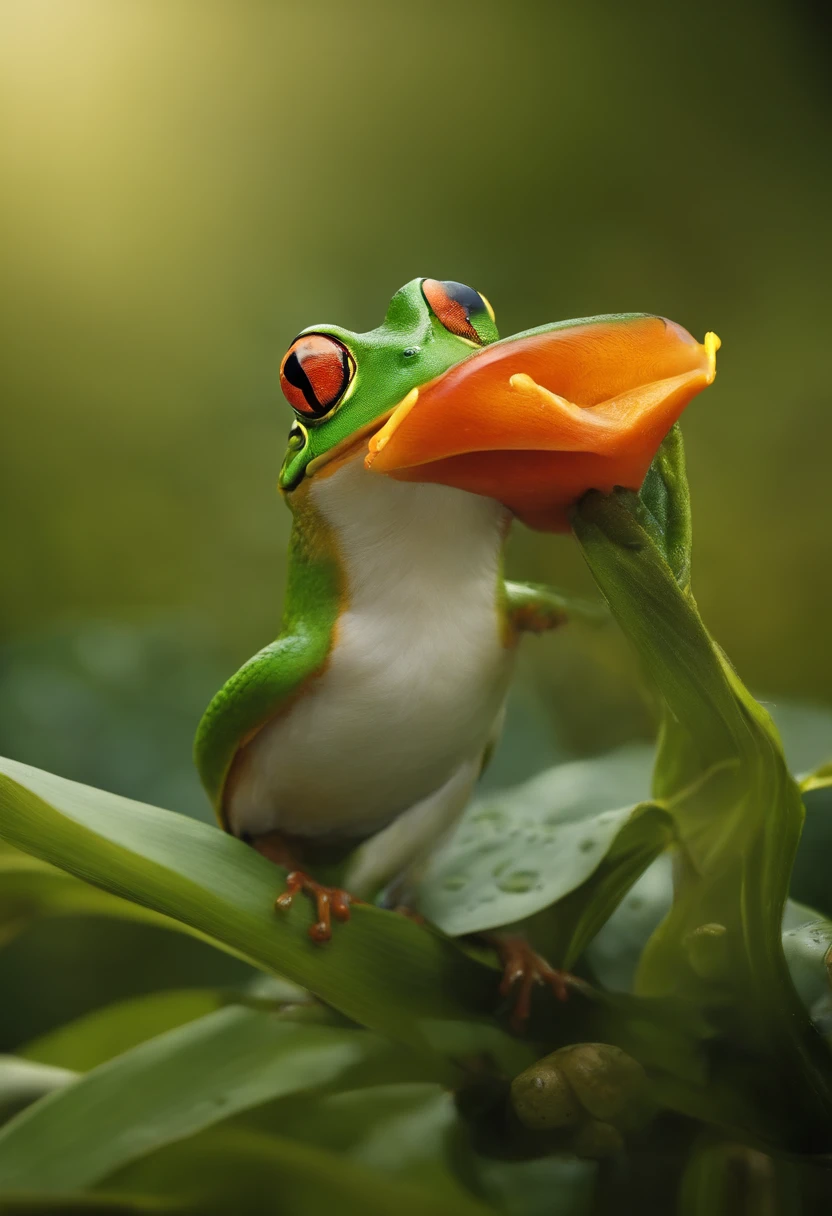 Create a realistic image in which a bird has a frog's Joca