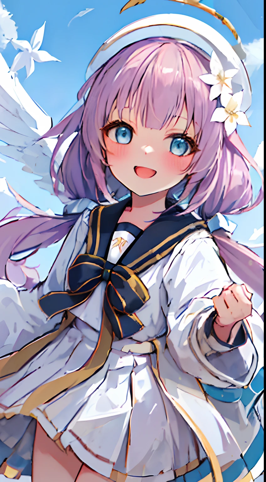 girl girl ((masterpiece,best quality)), (close_up), head_sculpture, 1girl, solo, (low twintails:1.1), light_smile, yurisaki_mika, white_beret, mika_serafuku, sailor_collar, mika_halo, flower_hair_ornaments, multiple_wings, blue_sky, clouds